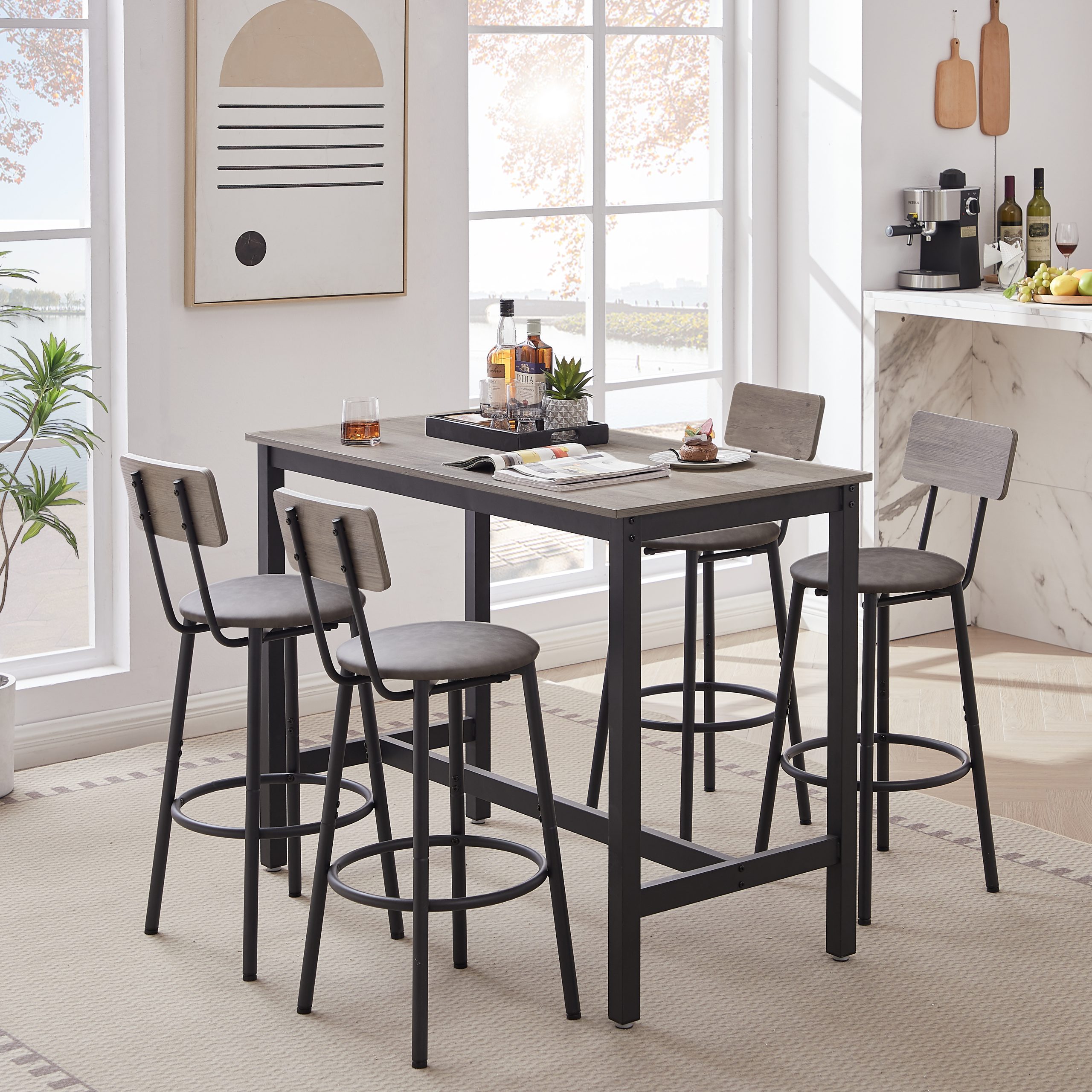 Bar Table Set with 4 Bar stools PU Soft seat with backrest, Grey, 47.24” L x 23.62” W x 35.43” H