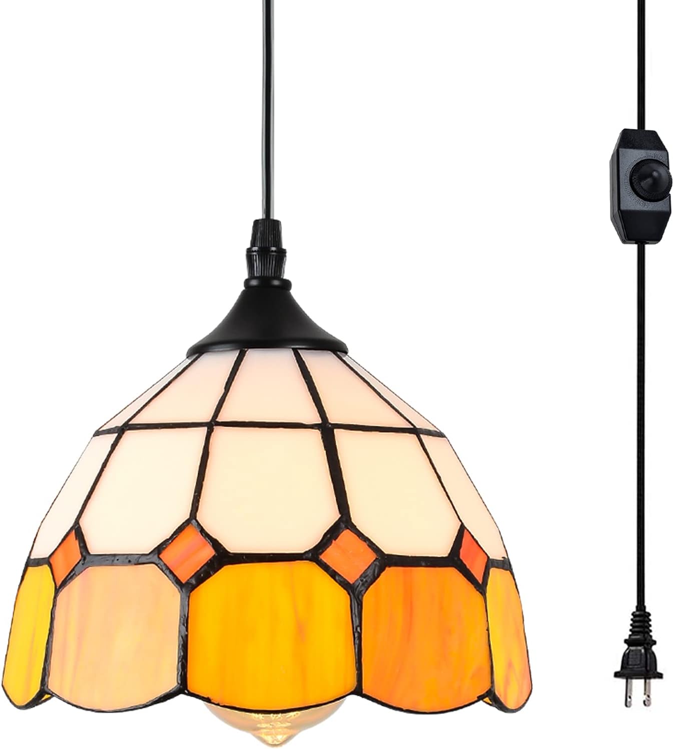 Tiffany Hanging Pendant Light – Dimmable Mini Plug in Light Fixture, Perfect Vintage Swag Ceiling Lamp for Dining Room, Bedroom or Porch,16.4 Ft Hanging Cord, 7.9″ Width
