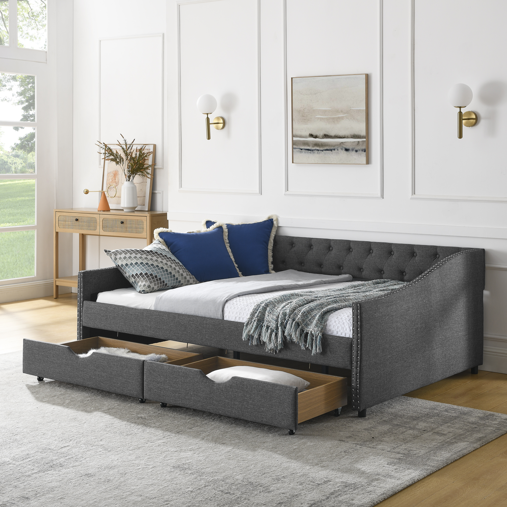 Full Size Daybed with Drawers Upholstered Tufted Sofa Bed, with Button on Back and Copper Nail on Waved Shape Arms(80.5”x55.5”x27.5”)