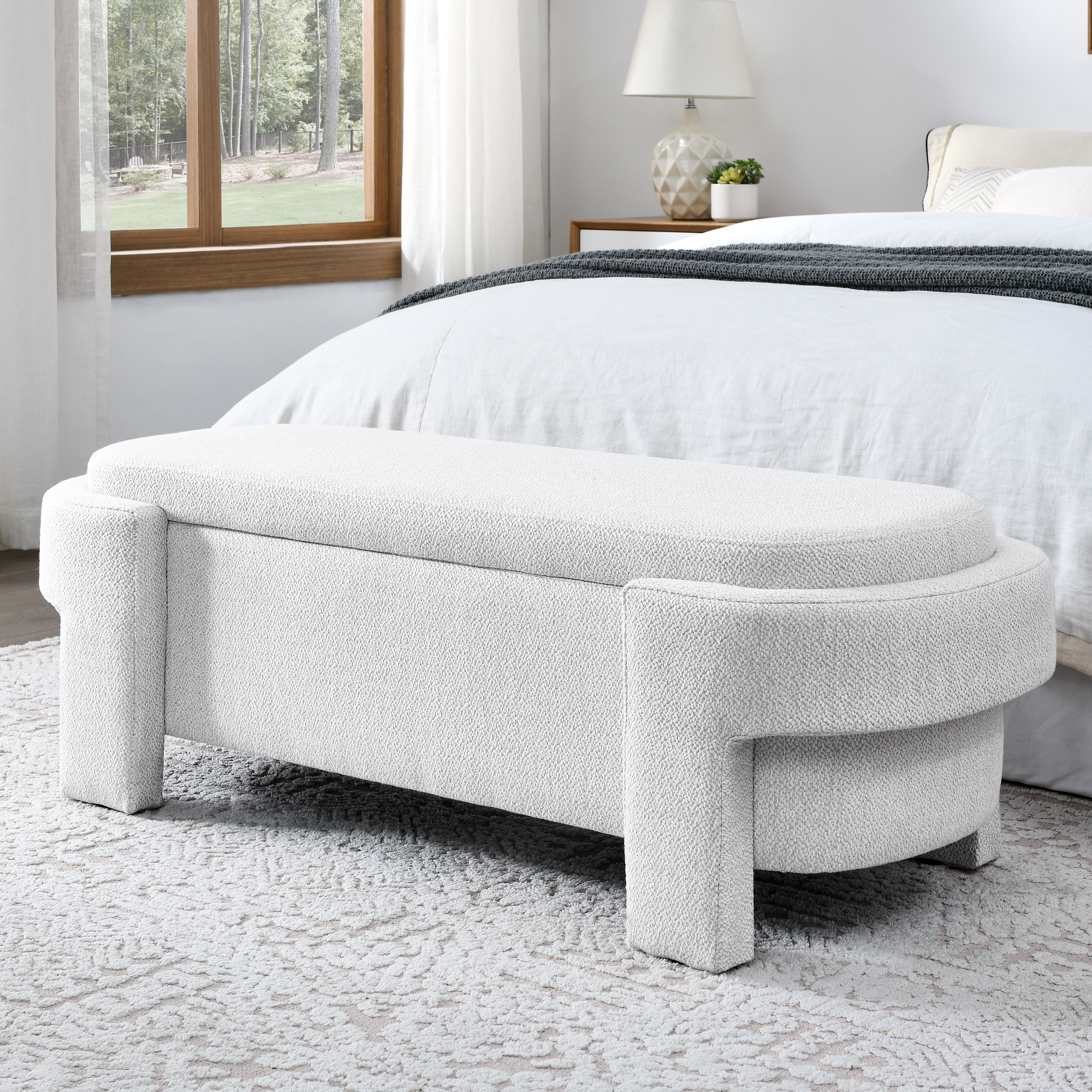 Linen Fabric Upholstered Bench with Large Storage Space for the Living Room, Entryway and Bedroom,White,( 51.5”x20.5”x17” )