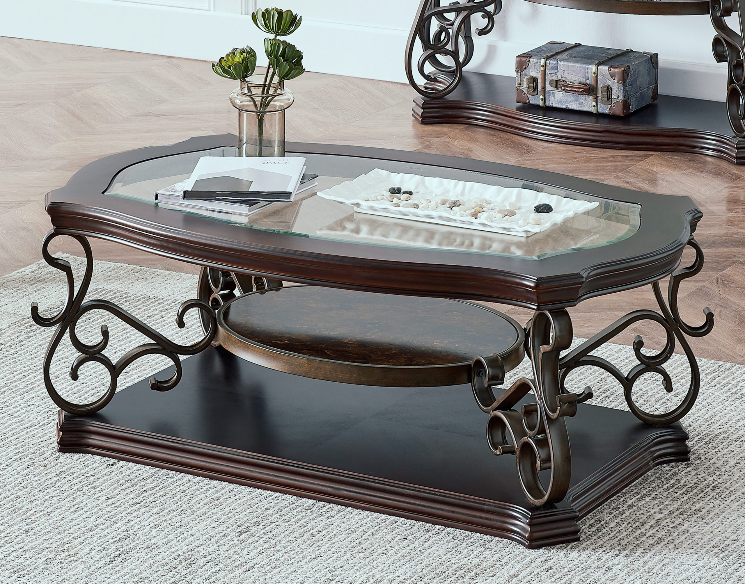 Cocktail Table, Glass table top, MDF W/marble paper middle shelf, powder coat finish metal legs. (52″Lx32″Wx20.3″H)