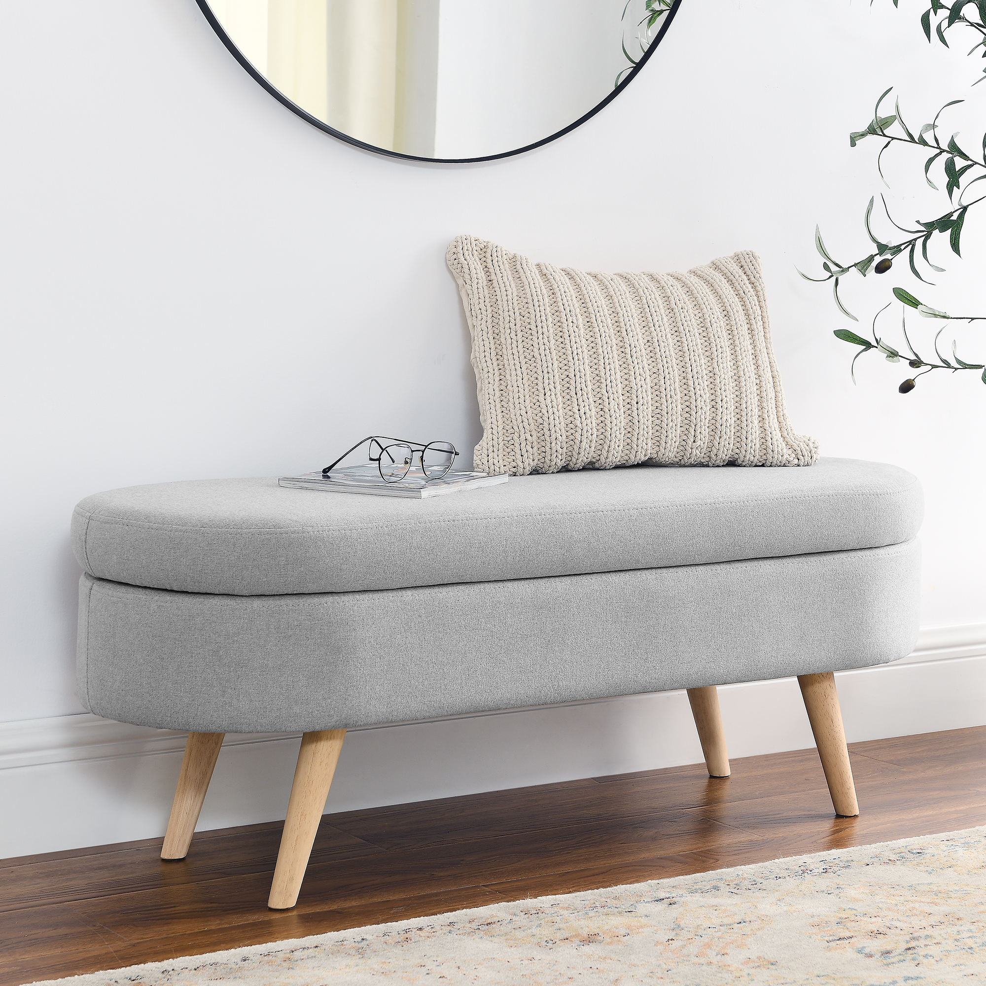 Ottoman Oval Storage Bench, Rubber Wood Legs, Grey(43.5″x16″x16″)