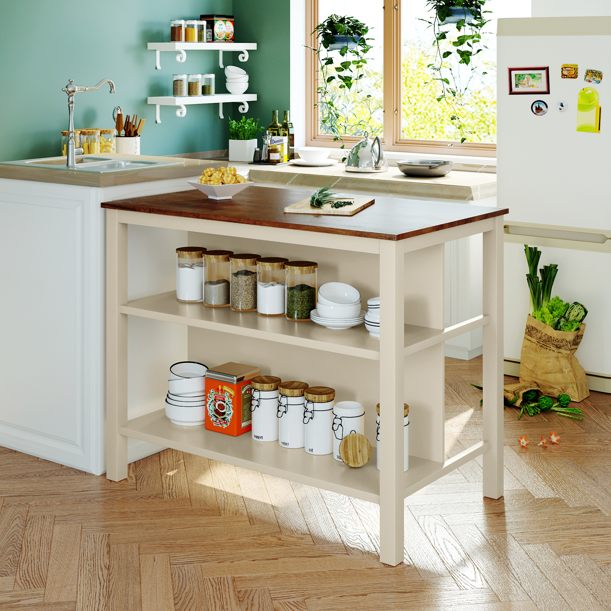 TOPMAX Solid Wood Rustic 45″ Stationary Kitchen Island, Rubber Wood Butcher Block Dining Table Prep Table with 2 Open Shelves for Small Places,Walnut+Cream White