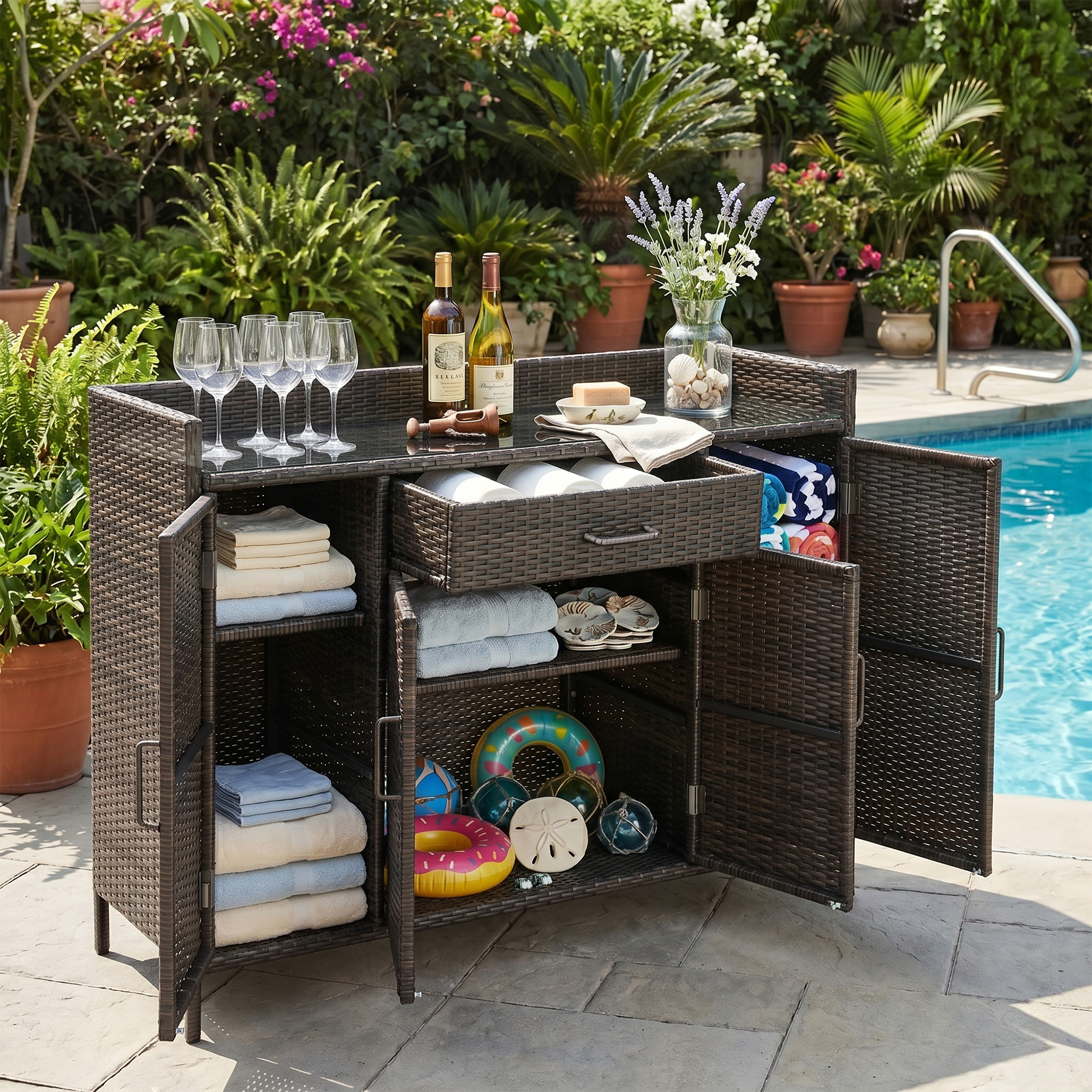 K&K 53.2″W Outdoor Weather-proof Rattan Storage Cabinet with Tempered Glass Desktop, Outdoor Wicker Bar Table with One Large Drawer & Adjustable Shelves for Patio, Backyard, Garden, Pool, Brown Black