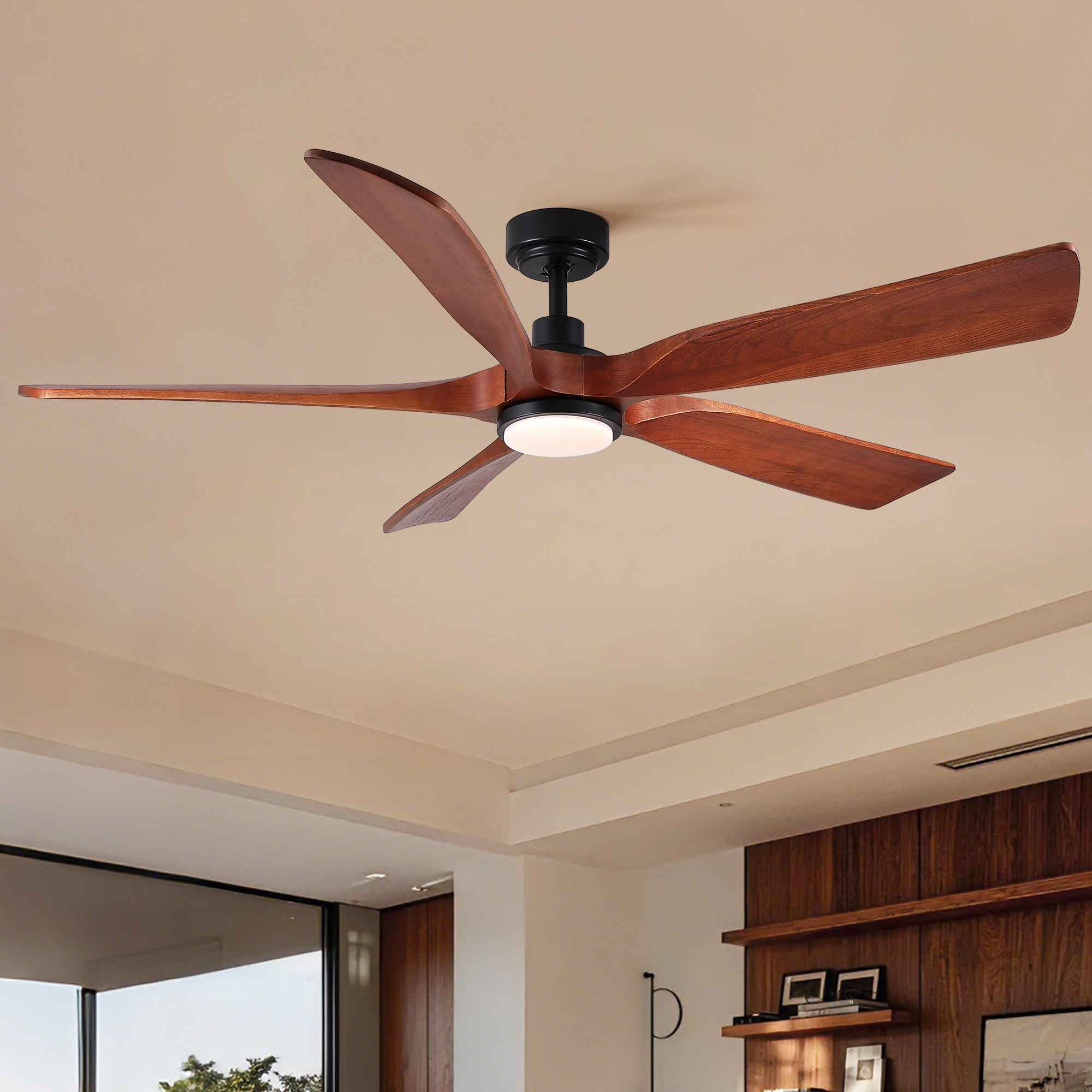 60″ Vintage Mahogany Solid Wood Ceiling Fan with Light and Remote Control, Noiseless, Dimmable, 3CCT, 6 Speeds Reversible, Quiet DC Ceiling Fans for Indoor or Covered Outdoor Use, ETL Listed