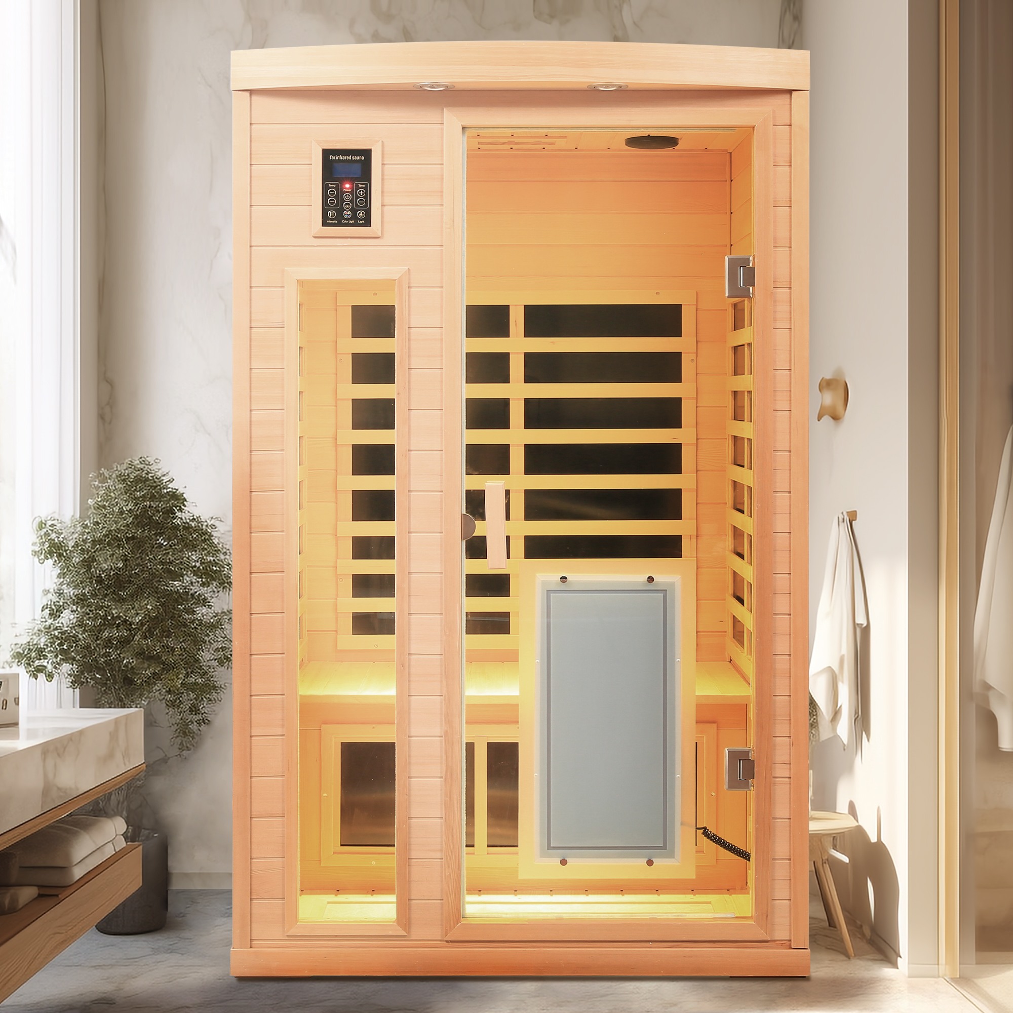 Low EMF, There is also a heating plate on the glass door, Hemlock wood Far-infrared indoor Two person sauna room  (Left & Right)