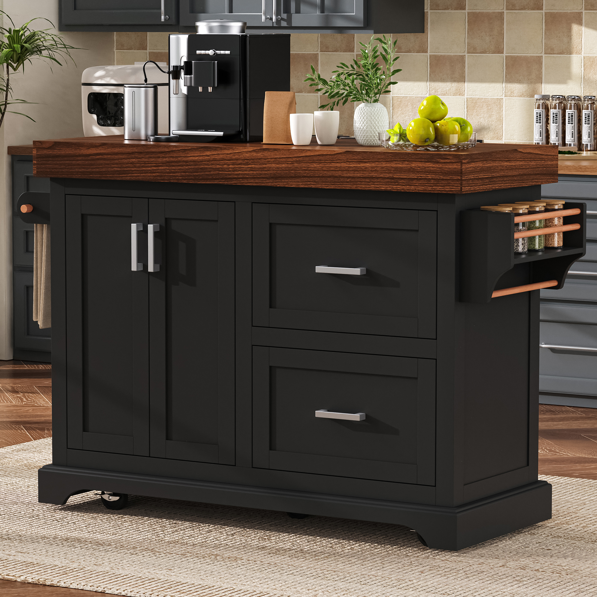 K&K 53″ Large Kitchen Island with 3.5″ Thick Desktop, Spice and Towel Racks, Rolling Kitchen Island with Storage on 5 Wheels, 2 Extra-large Drawers, for Home, Kitchen, Dining Room, Black