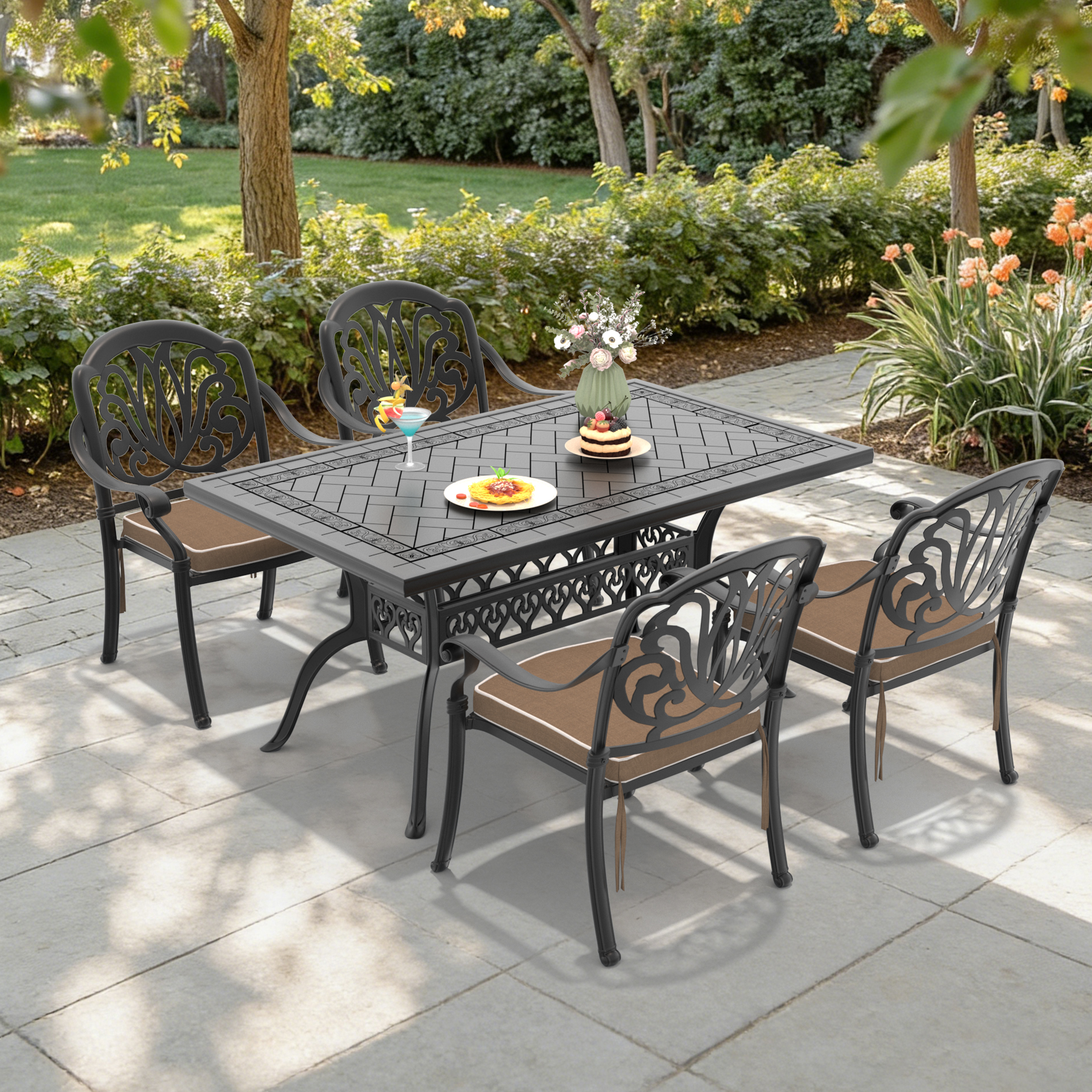 5-Piece Set Of Cast Aluminum Patio Furniture With Brown Cushions(same as W1710S00572)