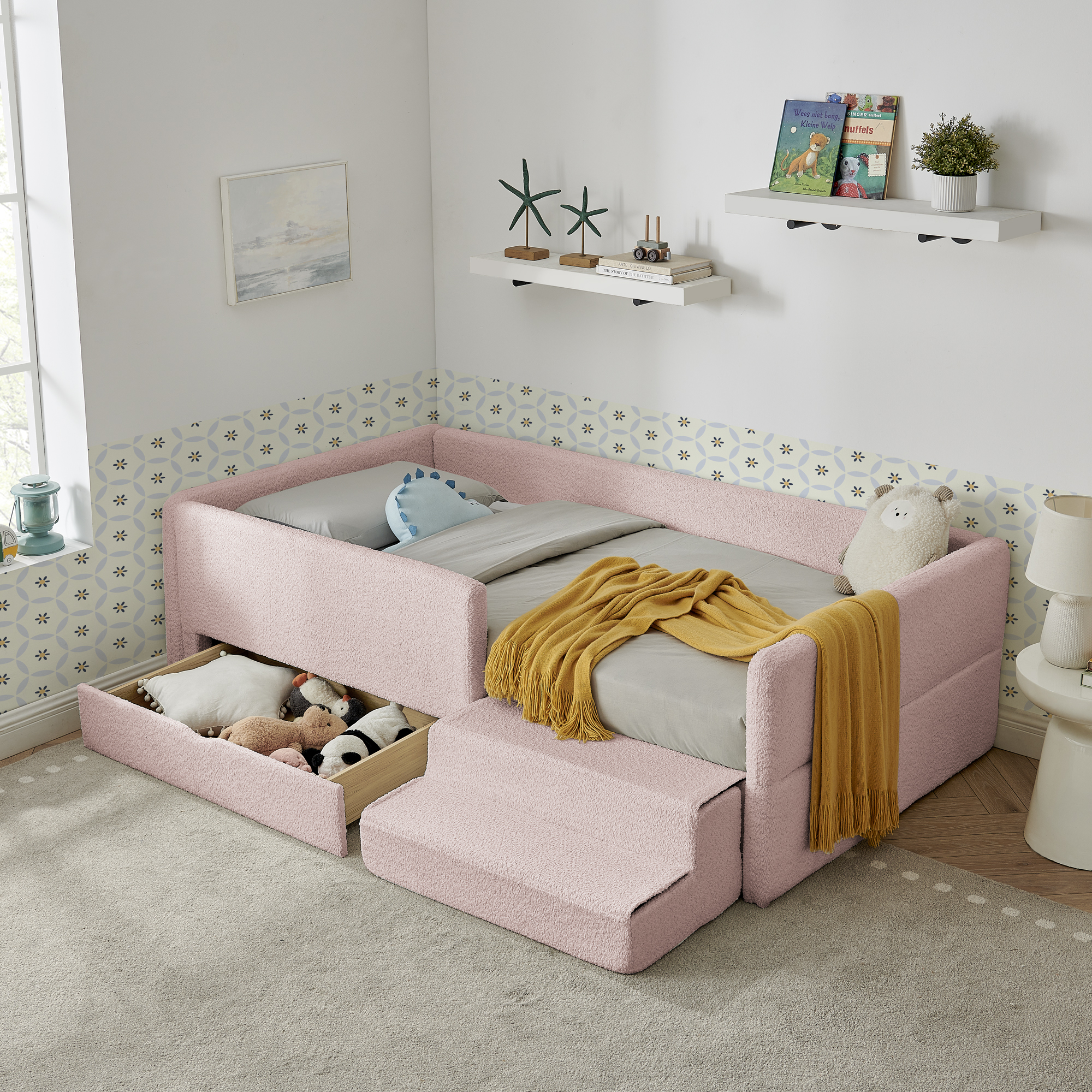 Twin Size Safe Cozy Multi-Functional Kids Bed with Guardrails and Storage, Bed with Safety Step Stool, Boucle Fabric (80.5”x44.5”x23”)