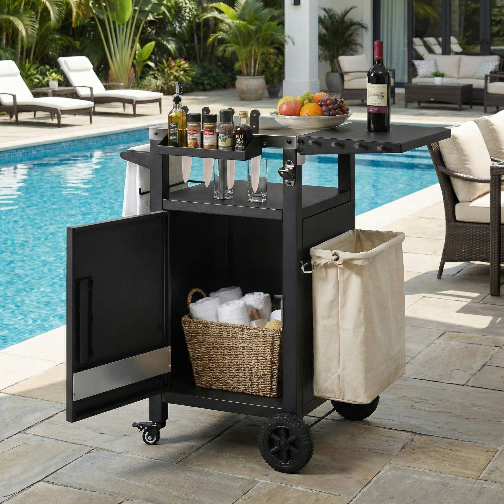 K&K 33.9″ Outdoor Grill Cart with Drop Leaf, Outdoor Metal Bar Cart Pizza Oven Table with Wheels, Stainless Steel Top, Outdoor Kitchen Island with Storage Cabinet & Spice & Paper Rack for BBQ, Waterpr