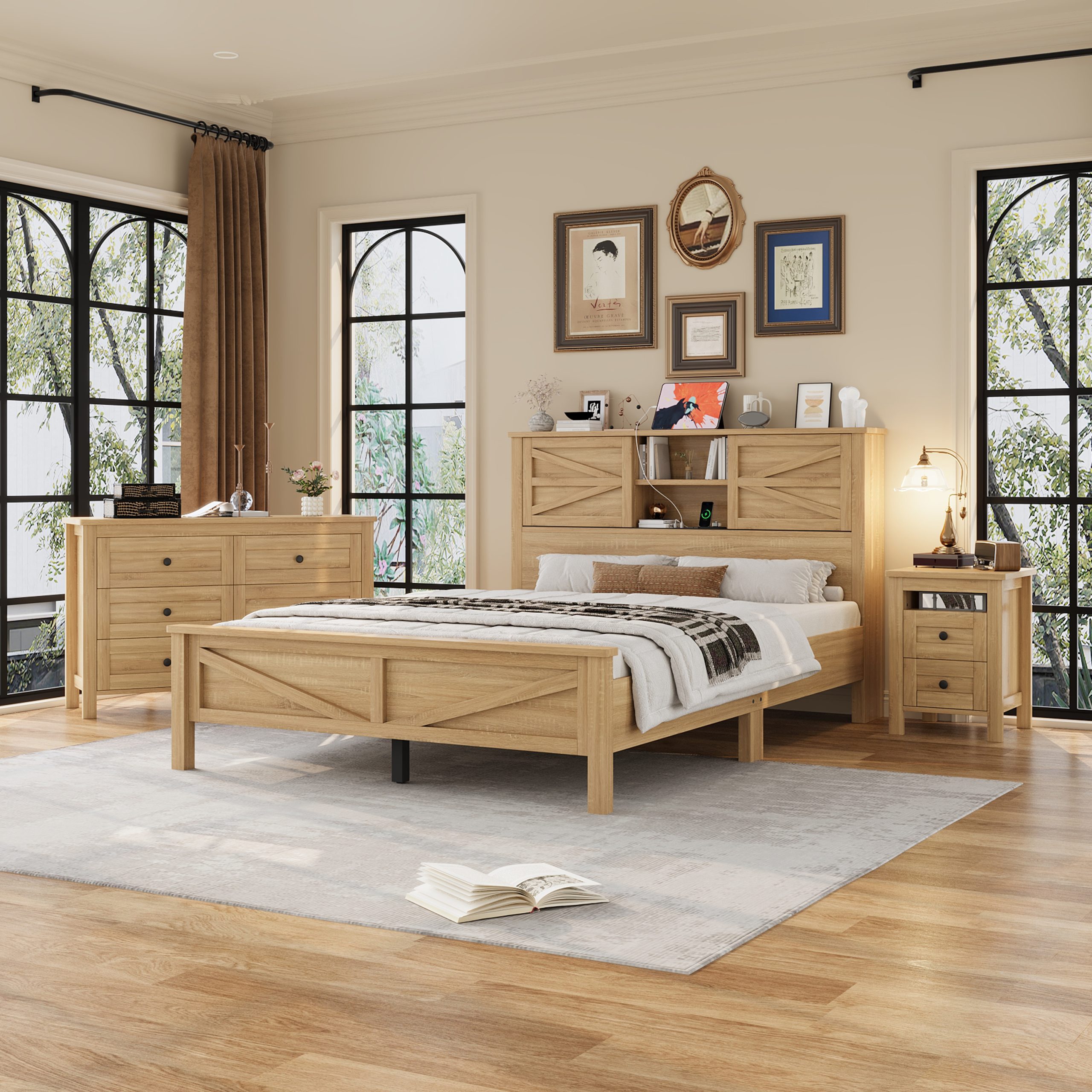3-Pieces Bedroom Sets Queen Size Farmhouse Platform Bed with Double Sliding Door Storage Headboard and Charging Station, Storage Nightstand and Dresser, Natural