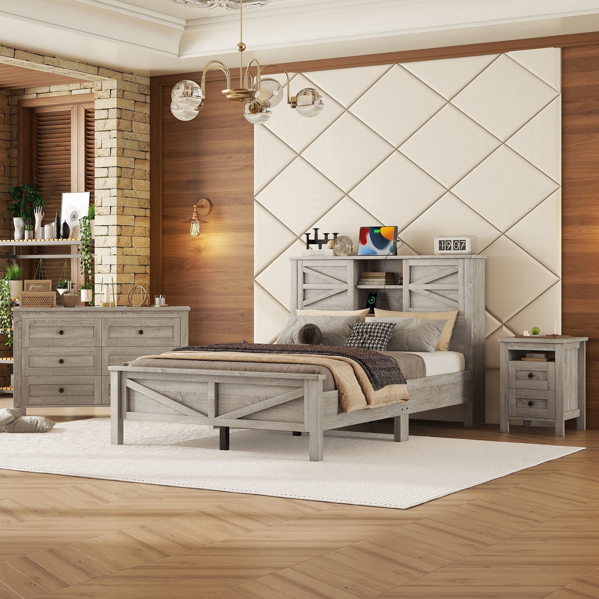 3-Pieces Bedroom Sets Full Size Farmhouse Platform Bed with Double Sliding Door Storage Headboard and Charging Station, Storage Nightstand and Dresser, Antique Gray(Old SKU HL000091AAG)