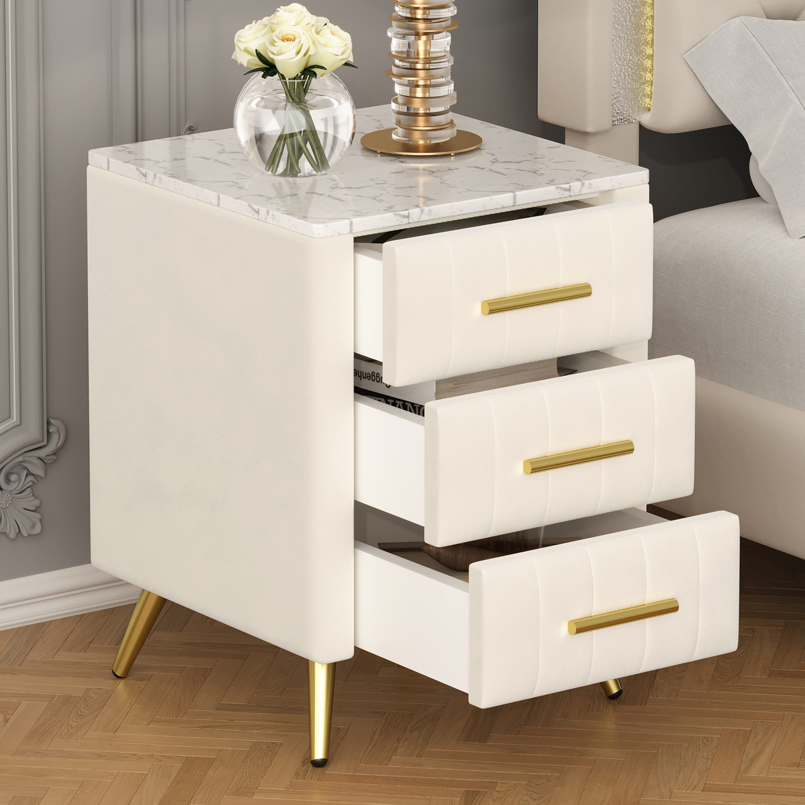 Upholstered Wooden Nightstand with 3 Drawers and Metal Legs&Handles, Bedside Table with Marbling Stickers Worktop – Beige