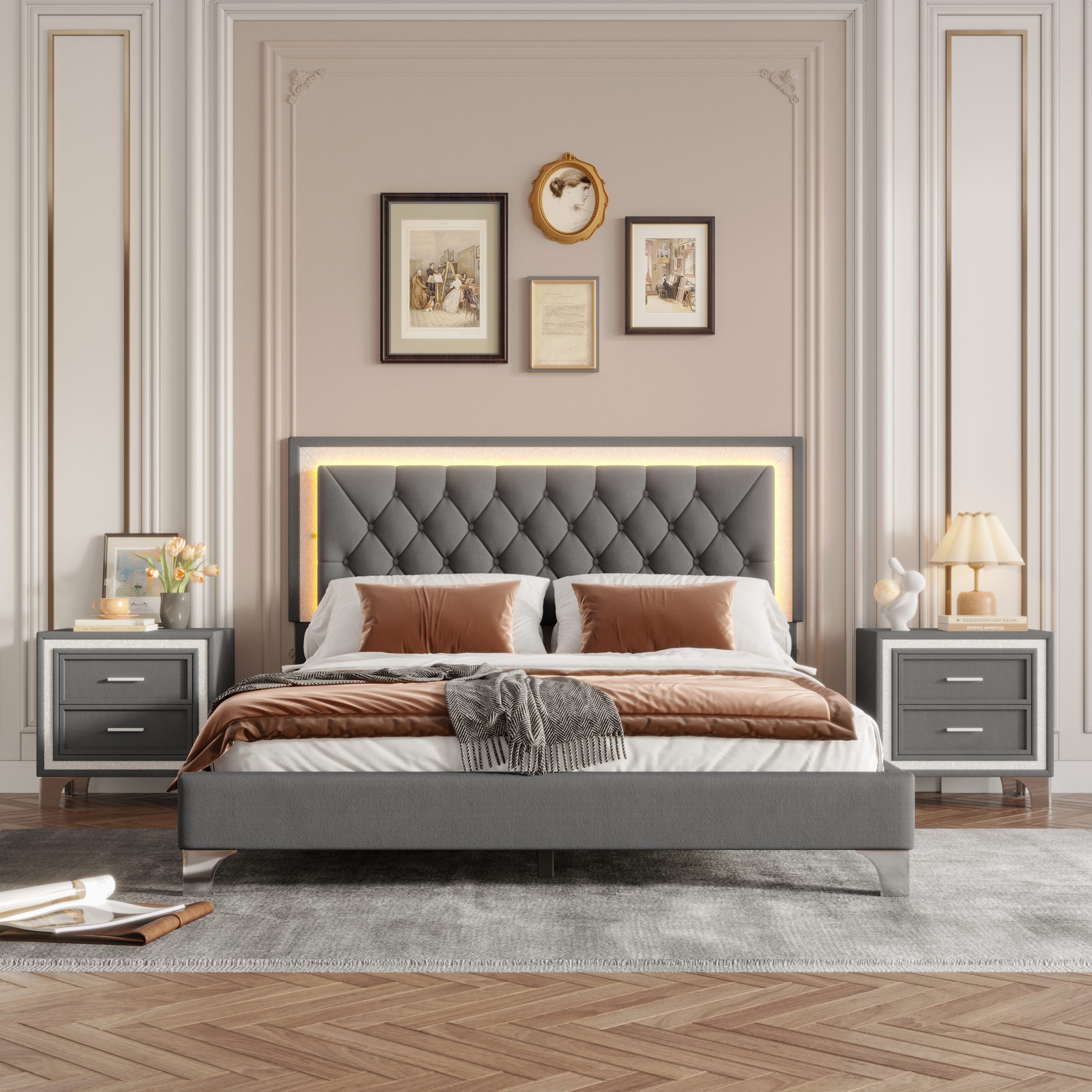 3-Pieces Bedroom Sets,Queen Size Upholstered Platform Bed with LED Lights and Two Nightstands-Gray