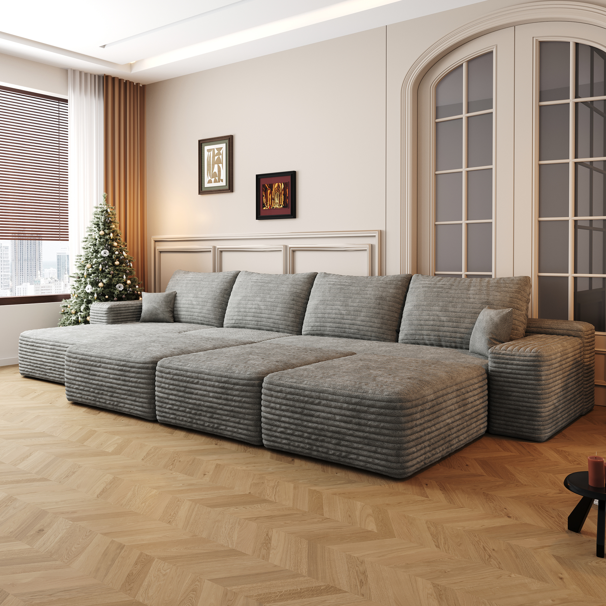 135″Large size modular cloud sofa 6 seats down sofa bed apartment living room sofa ,No Assembly Required,Grey(Plush Corduroy Fabric)