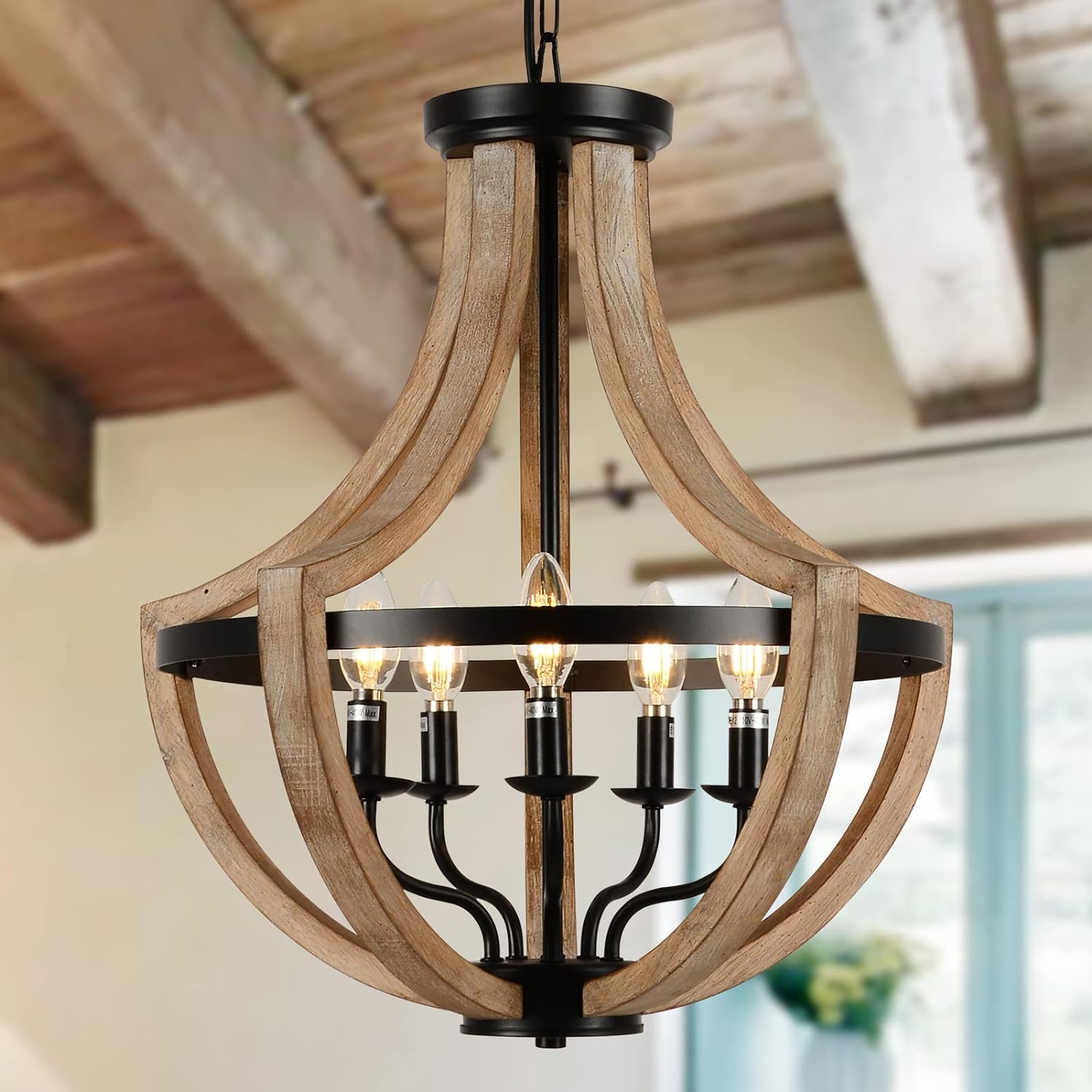 19″ Farmhouse Chandelier Light Fixtures, 5-Light Dining Room Light Fixtures Over Table, Solid Wood Modern Chandeliers for Dining Room Living Room Kitchen Island Bedroom Foyer, Height Adjustable, Brown