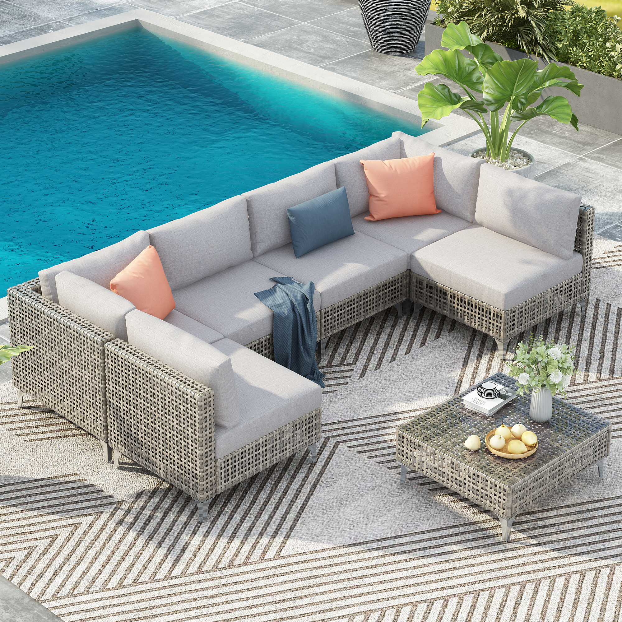 K&K 7-Piece Wicker Patio Furniture Set, Outdoor Conversation Set Sectional Sofa with Water Resistant Grey Thick Cushions and Coffee Table for Outdoor Couch, Porch, Backyard – Grey