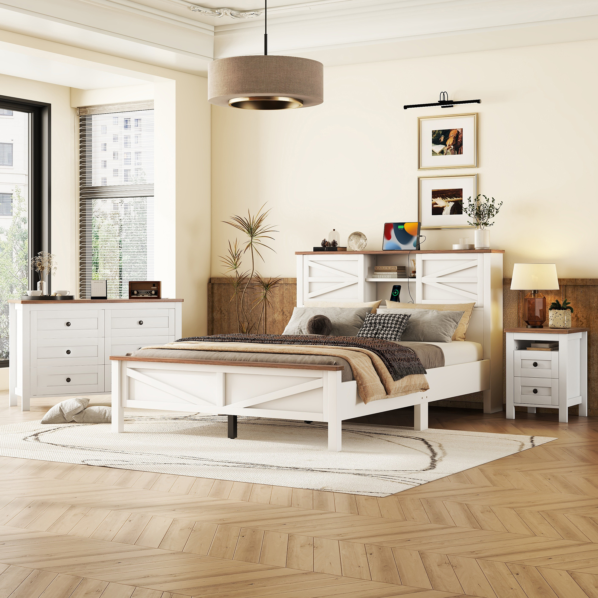 3-Pieces Bedroom Sets Queen Size  Farmhouse Platform Bed with Double Sliding Door Storage Headboard, Storage Nightstand and Dresser, White+Brown(Old SKU HL000092AAK)