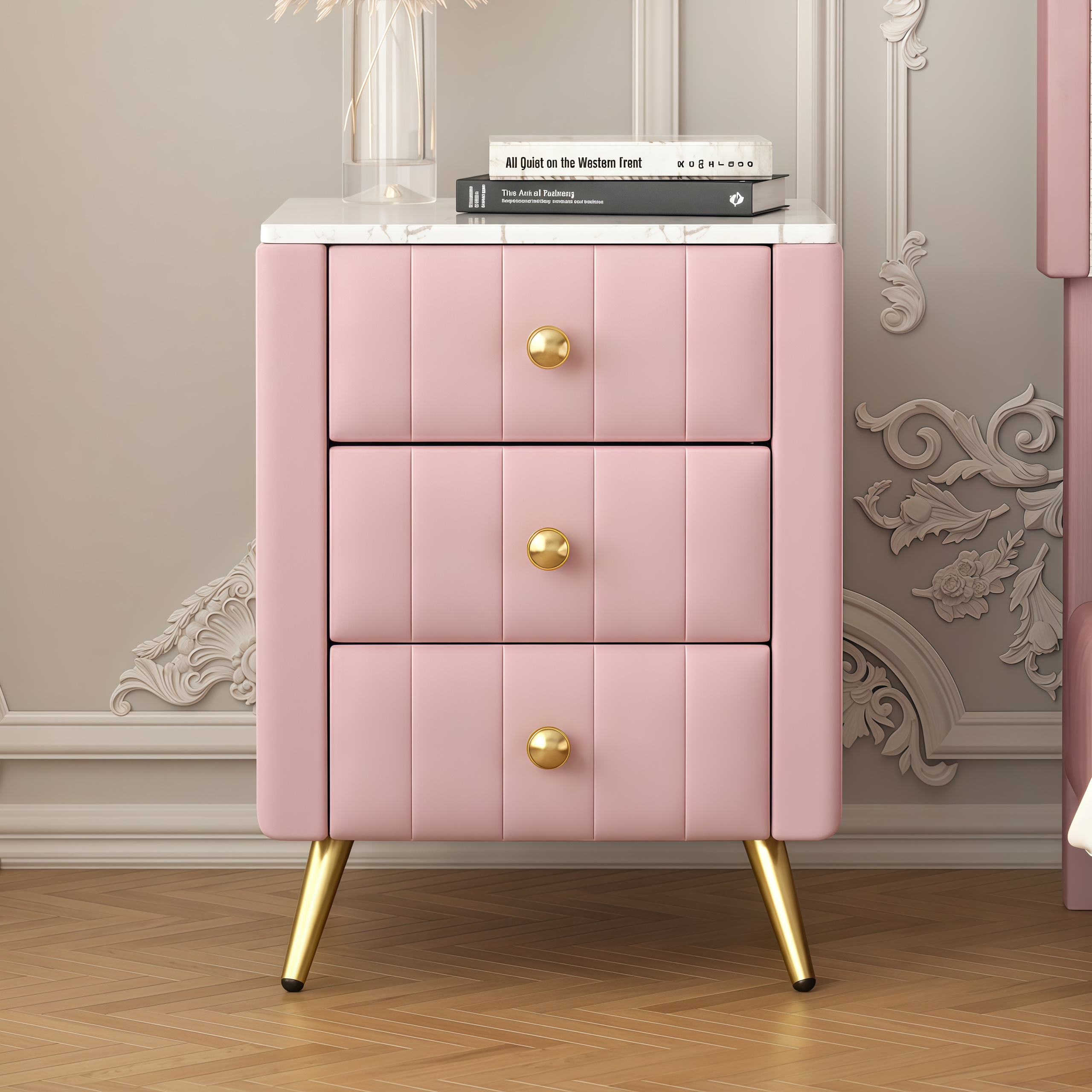 Upholstered Wooden Nightstand with 3 Drawers and Metal Legs&Handles, Bedside Table with Marbling Stickers Worktop – Pink