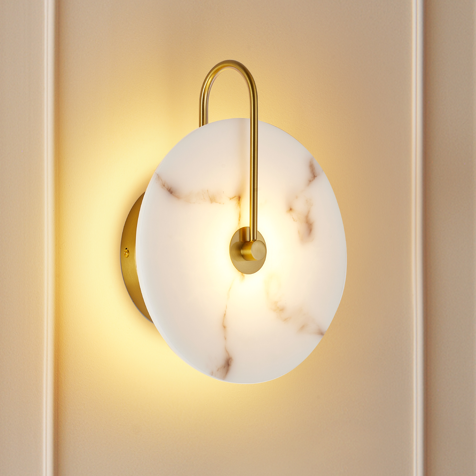 Round Alabaster Wall Sconce, Natural Marble Lampshade Wall Sconce, Hardwired Circular Sconce LED Modern Wall Lamp for Bedroom, Stairs, Living Room, Bedside, Hallway 9.8 Inch Gold
