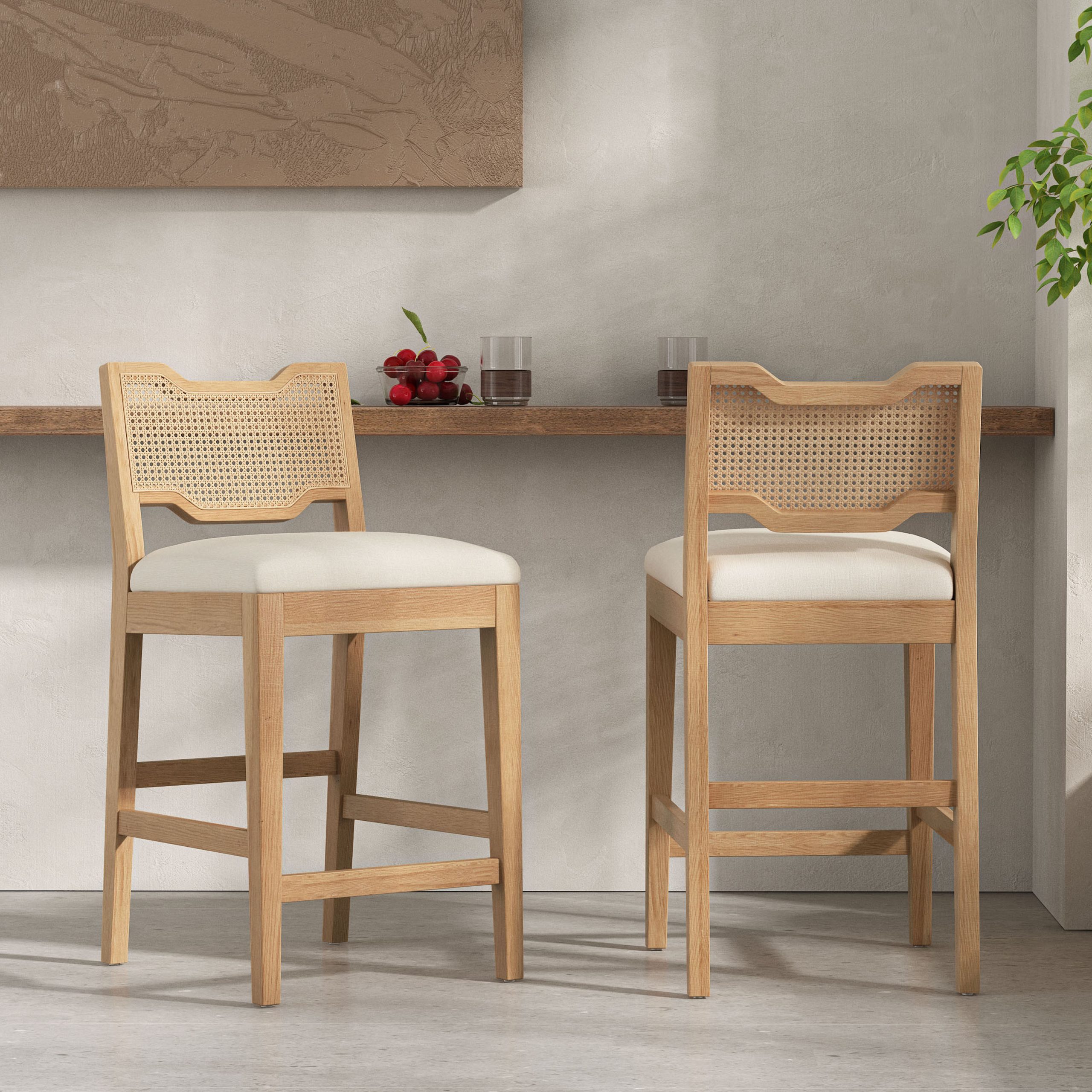 28″ Farmhouse Barstools Set of 2,Upholstered Armless Iron Counter Stools with Natural Rattan Backrest for Kitchen Dining Island Table,Beige
