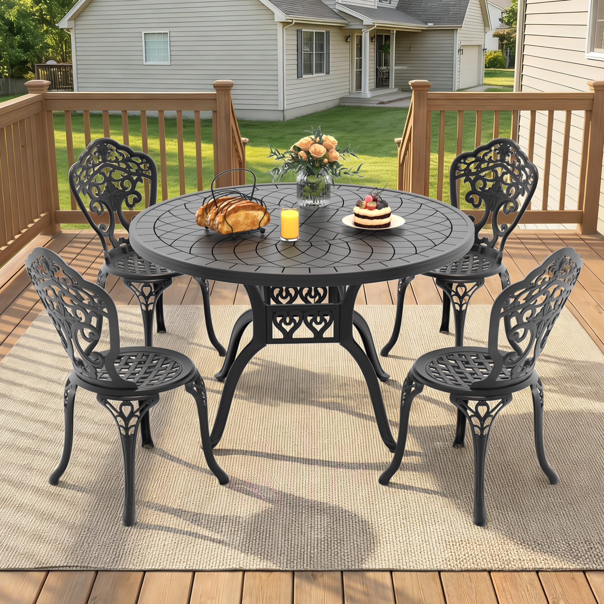 5-Piece Set Of All-Weather Cast Aluminum Dining Furniture Set With Black Frame
