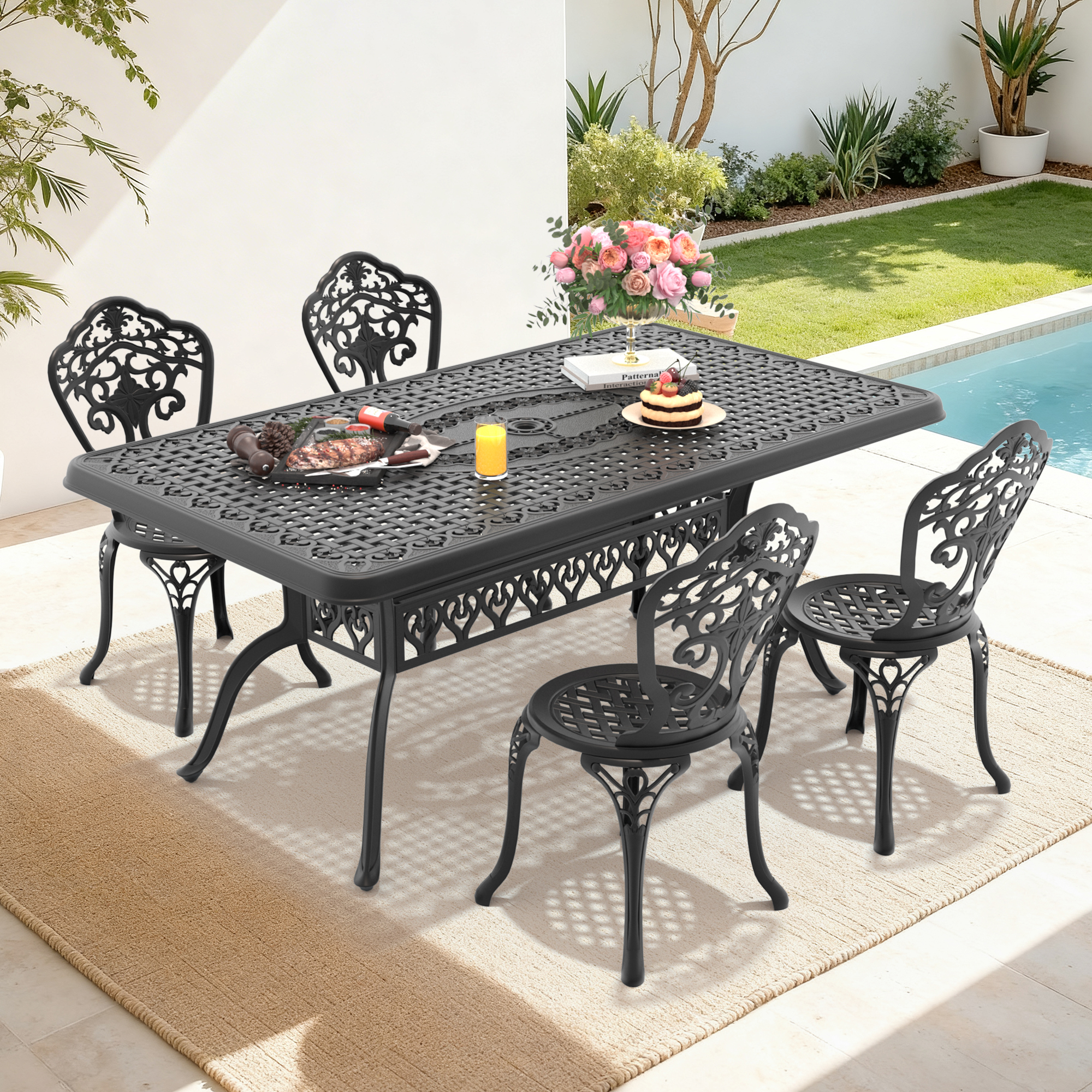 5-Piece Set Of All-Weather Cast Aluminum Dining Furniture Set With Black Frame