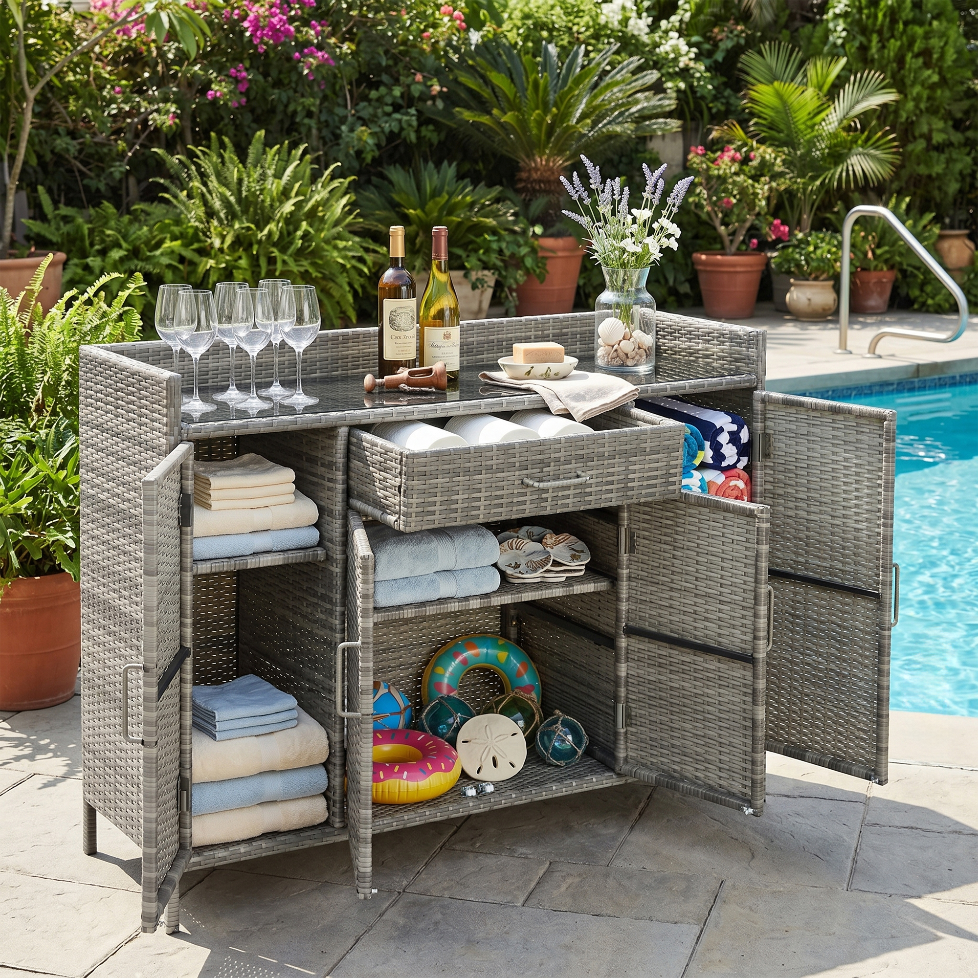 K&K 53.2″W Outdoor Weather-proof Rattan Storage Cabinet with Tempered Glass Desktop, Outdoor Wicker Bar Table with One Large Drawer & Adjustable Shelves for Patio, Backyard, Garden, Poolside, Grey