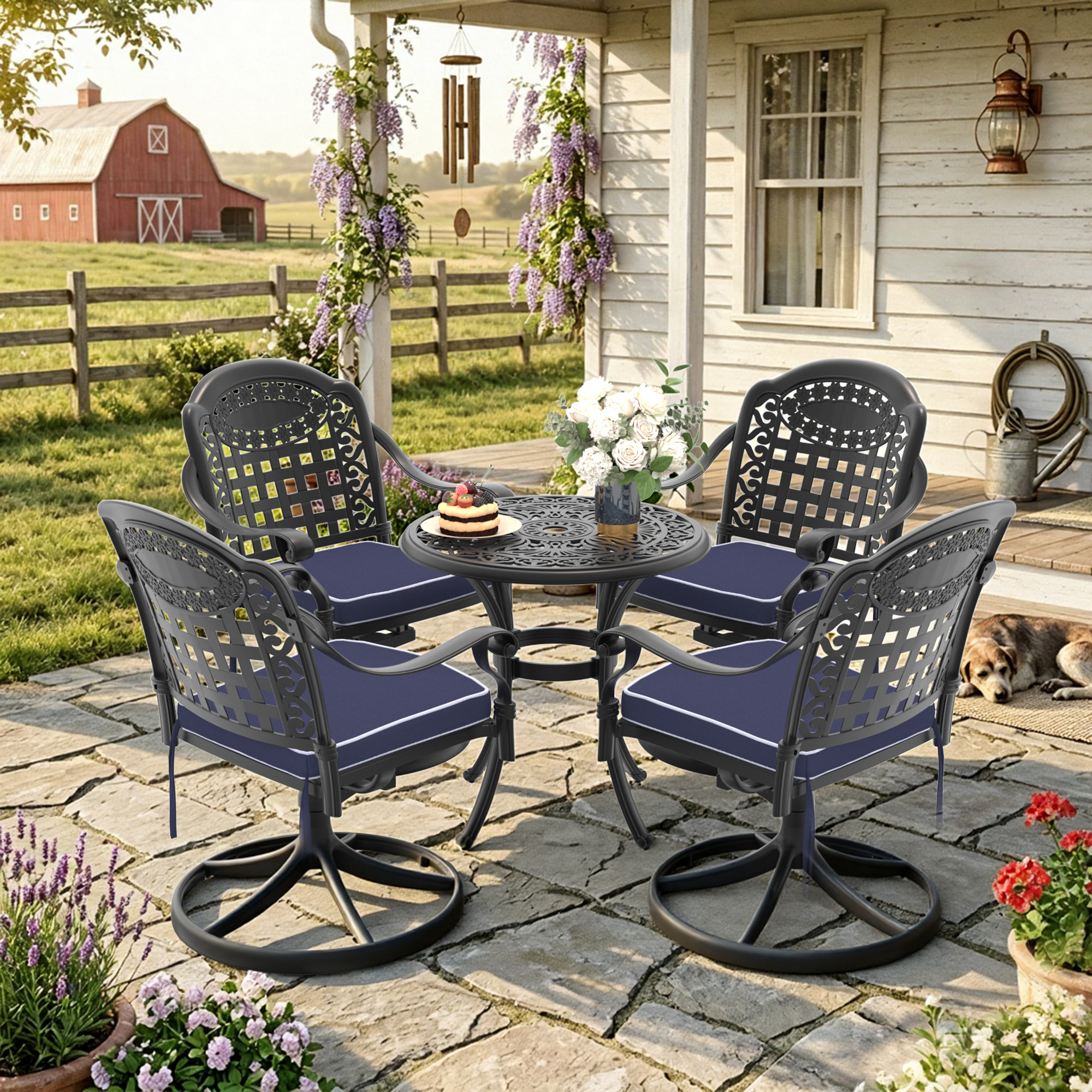 3-Piece All-Weather Cast Aluminum Dining Set, Include 2 Swivel Chairs and 26.77″ Round Table With Black Frame