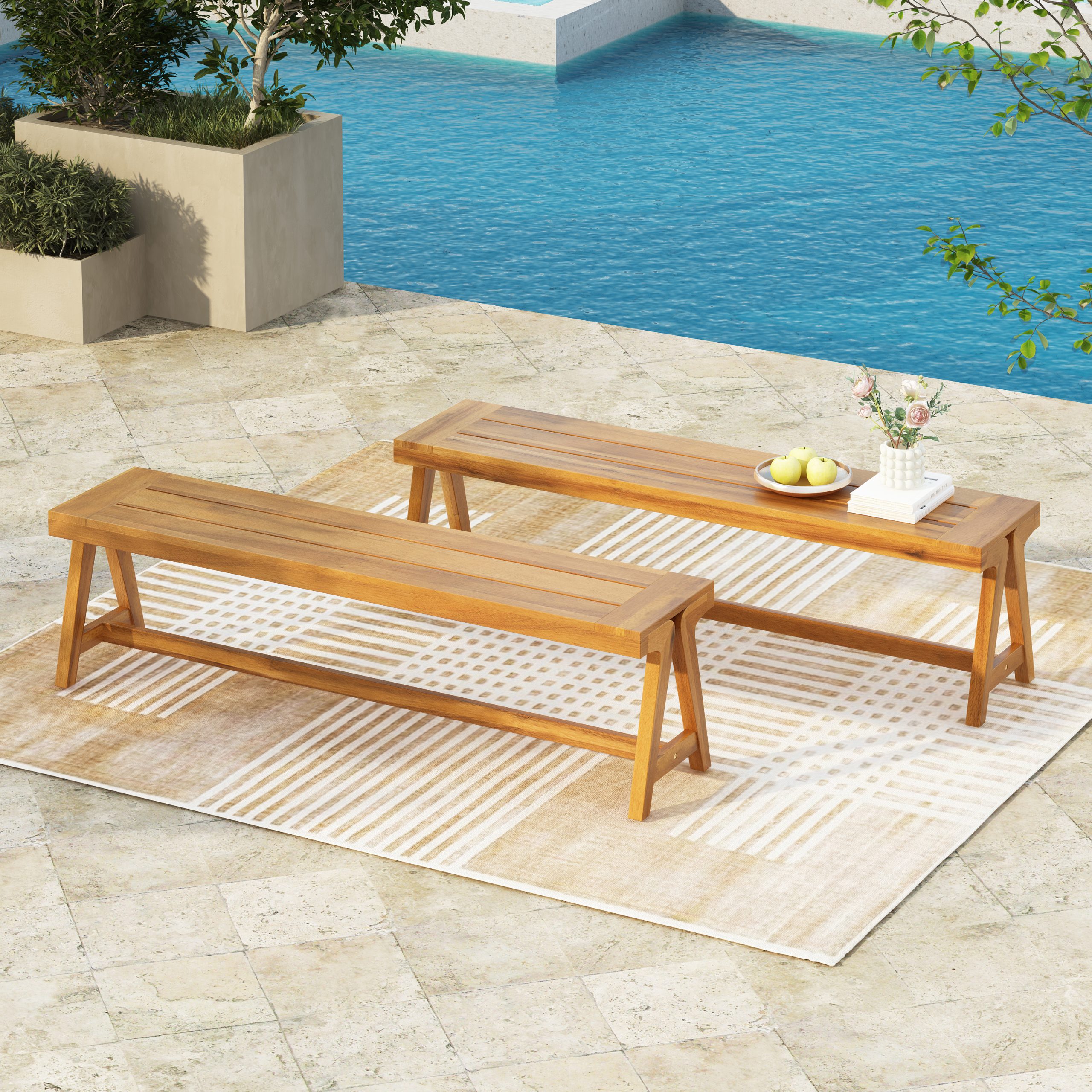 Outdoor Dining Benches (Set of 2), Contemporary Acacia Wood Patio Bench with Teak Finish – All-Weather Garden, Deck, Poolside Seating