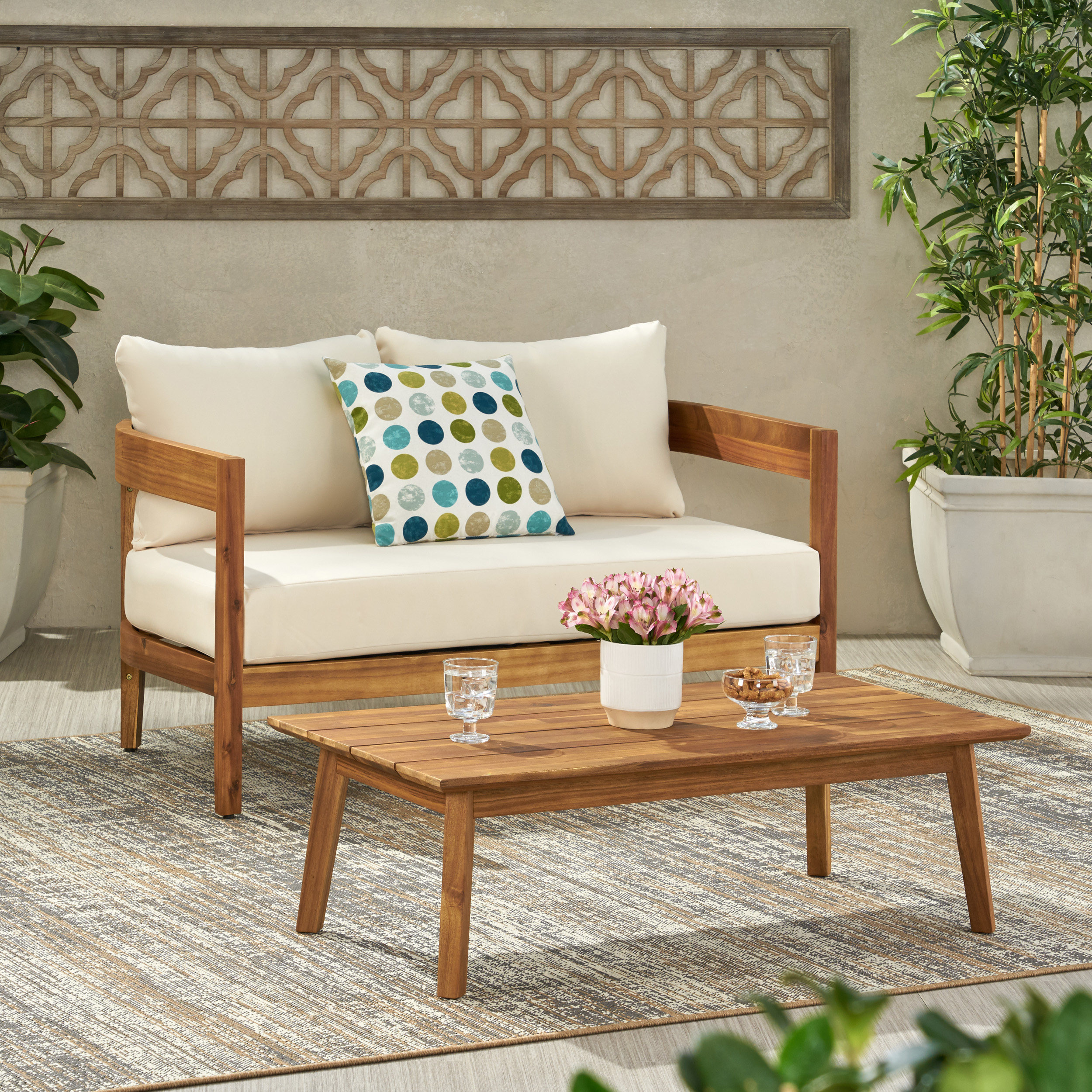 Brooklyn Loveseat + Coffee Table Set for Living Room – Teak Wood 1 Seat Sofa with Modern Design, Compact Stylish for Living Room, Apartment,Small Spaces