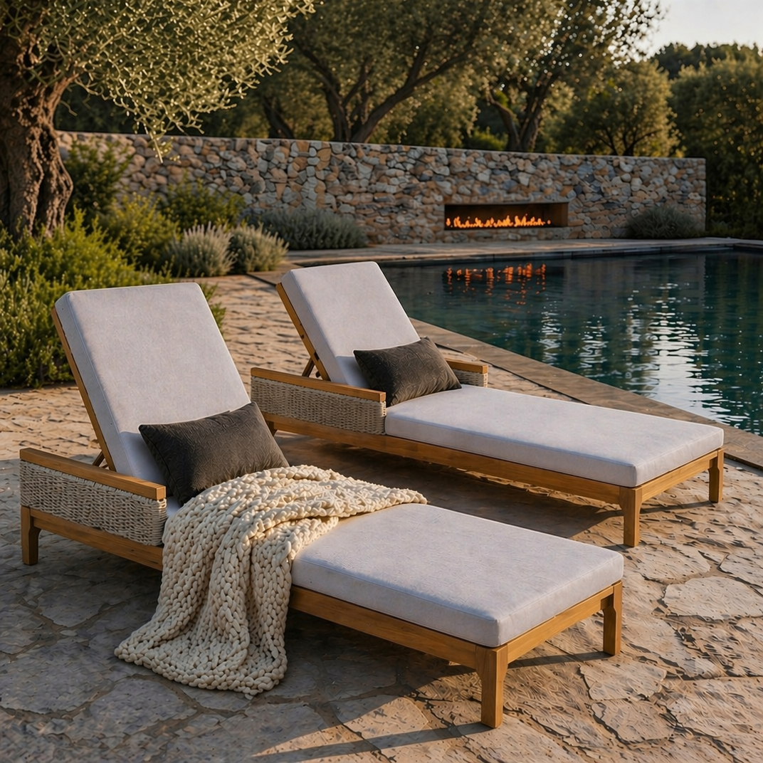 76.8″ Solid Acacia Wood Sun Lounger Set of 2, Outdoor Patio Furniture with Grey Cushions and Light Grey Wicker for Garden, Deck, Poolside Relaxation,Natural +Light Grey Wicker