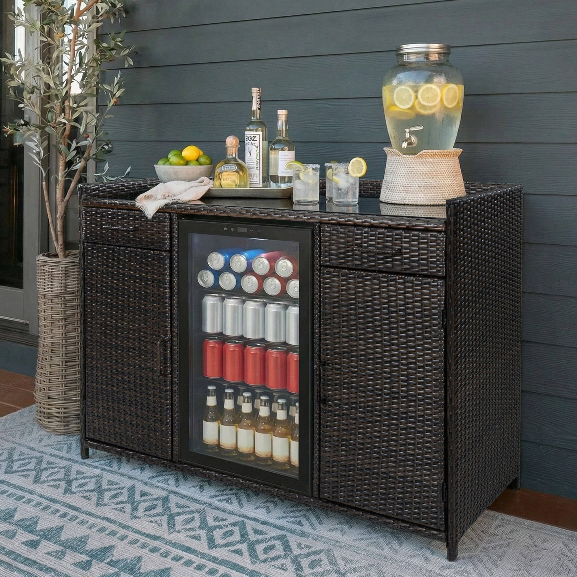 K&K 53.5″W Outdoor Wicker Storage Cabinet with Fridge Space, Weatherproof Outdoor Mini Fridge Bar Cabinet with Adjustable Shelves & Drawers for Outdoor Pool Towel Storage, Garden, Kitchen, Brown Black