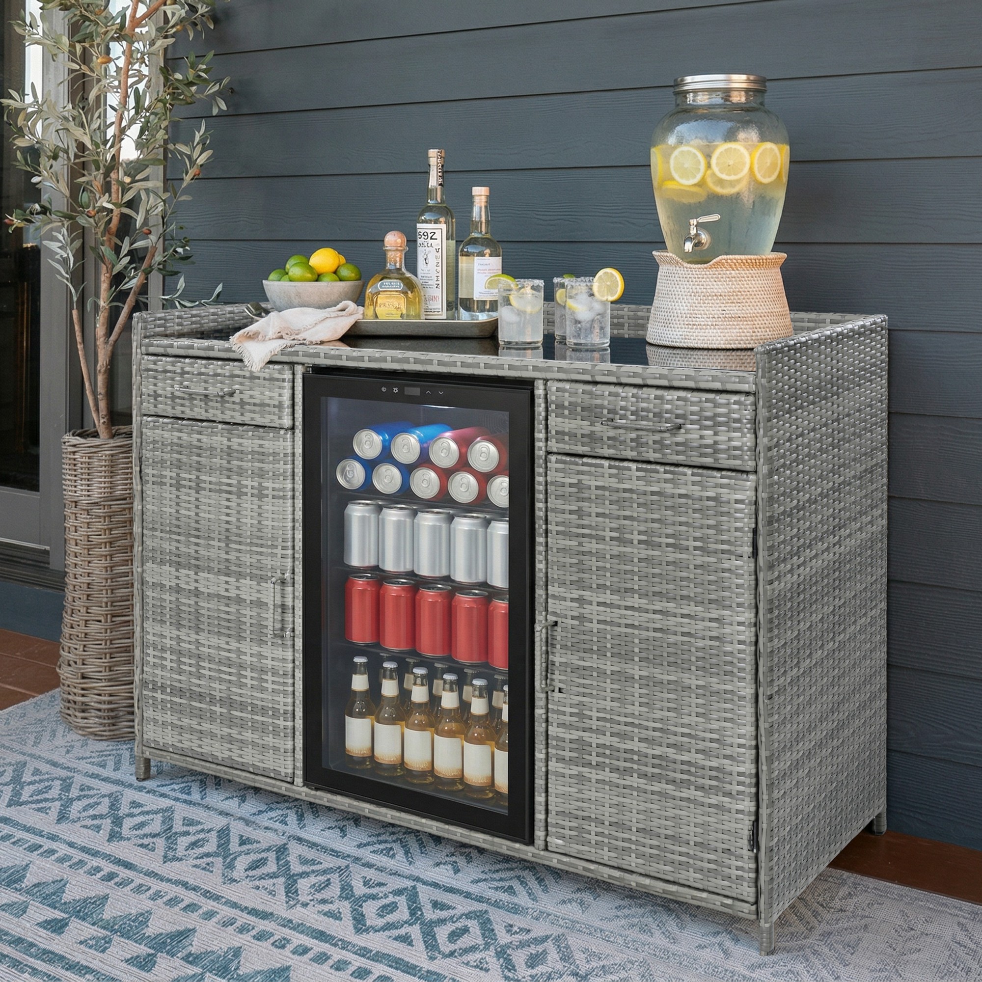 K&K 53.5″W Outdoor Wicker Storage Cabinet with Fridge Space, Weatherproof Outdoor Mini Fridge Bar Cabinet with Adjustable Shelves & Drawers for Outdoor Pool Towel Storage, Garden, Kitchen, Grey