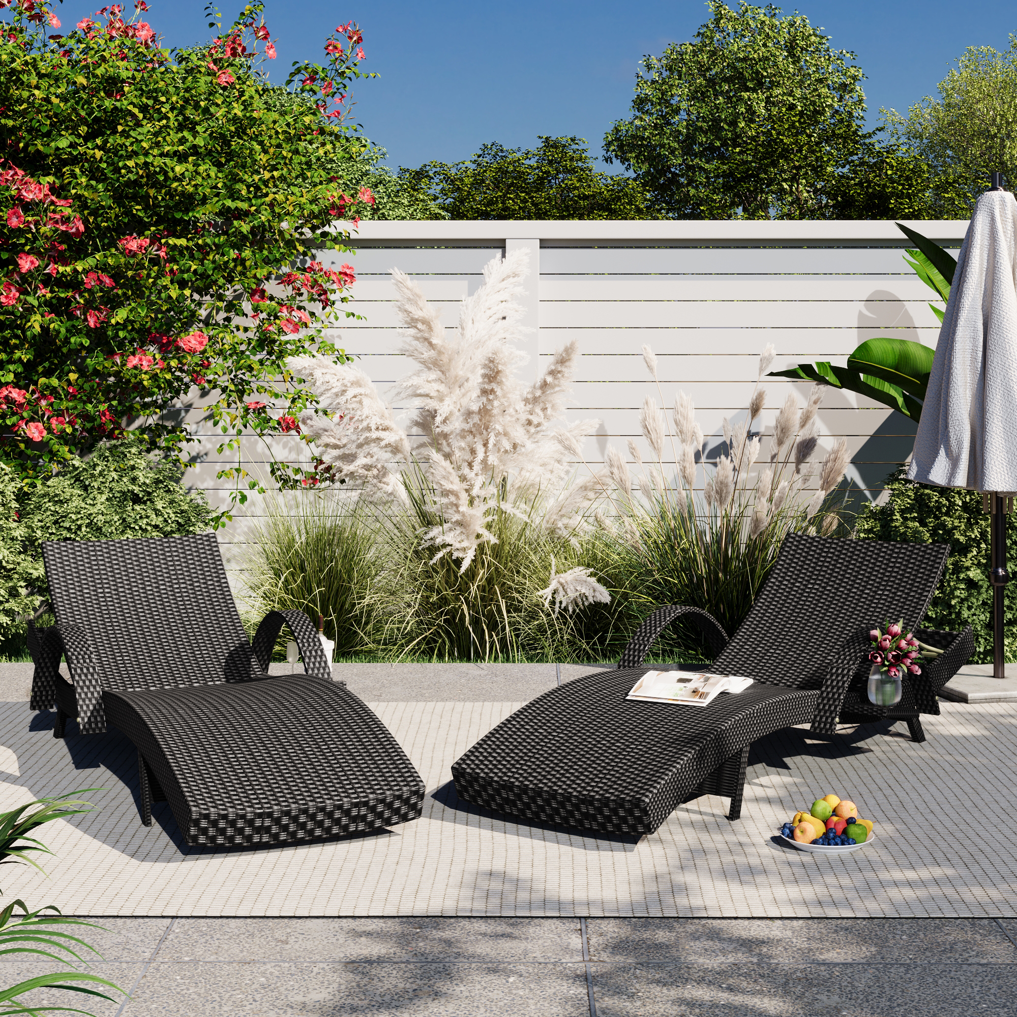 K&K 80” Outdoor Wicker Chaise Lounge Chairs Set of 2, Patio Rattan Reclining Chair Pull-out Side Table w/ 5-Level Adjustable Backrest Ergonomic Wave Design Pool Sunbathing Recliners, Black
