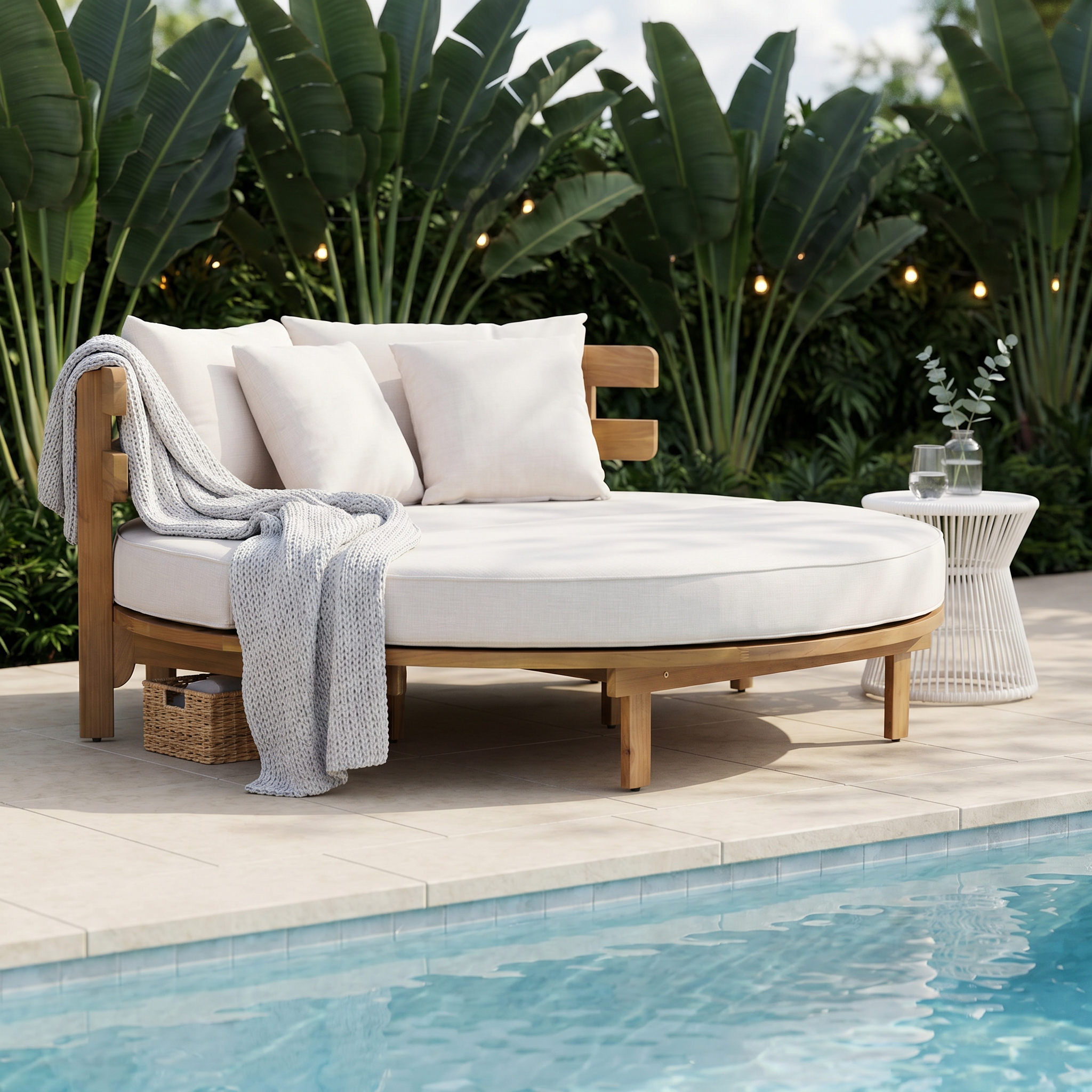 TOPMAX Outdoor Acacia Wood Round Daybed, Patio Lounger with Curved Slatted Backrest, Cushion and 4 Pillows for Backyard, Poolside, Beige