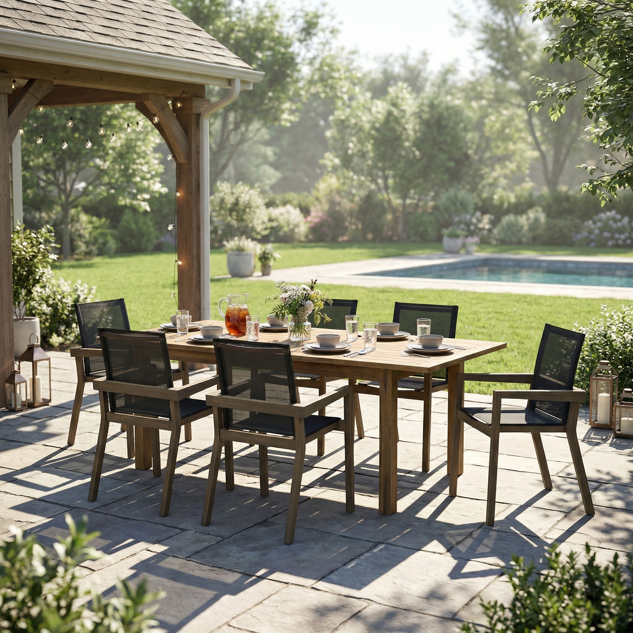 7 Pieces Acacia Wood Outdoor Dining Set s,Modern 6 Chairs 1 Large Table, Dining Furniture Set for Lawn, Backyard, Garden Deck,Poolside,Grey