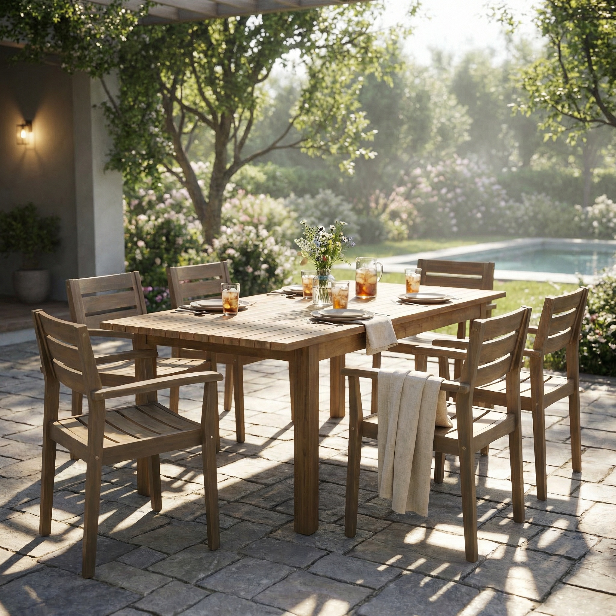 7 Pieces Acacia Wood Outdoor Dining Set s,Modern 6 Chairs  1 Large Table,Dining Furniture Set for Lawn, Backyard, Garden Deck,Poolside,Grey
