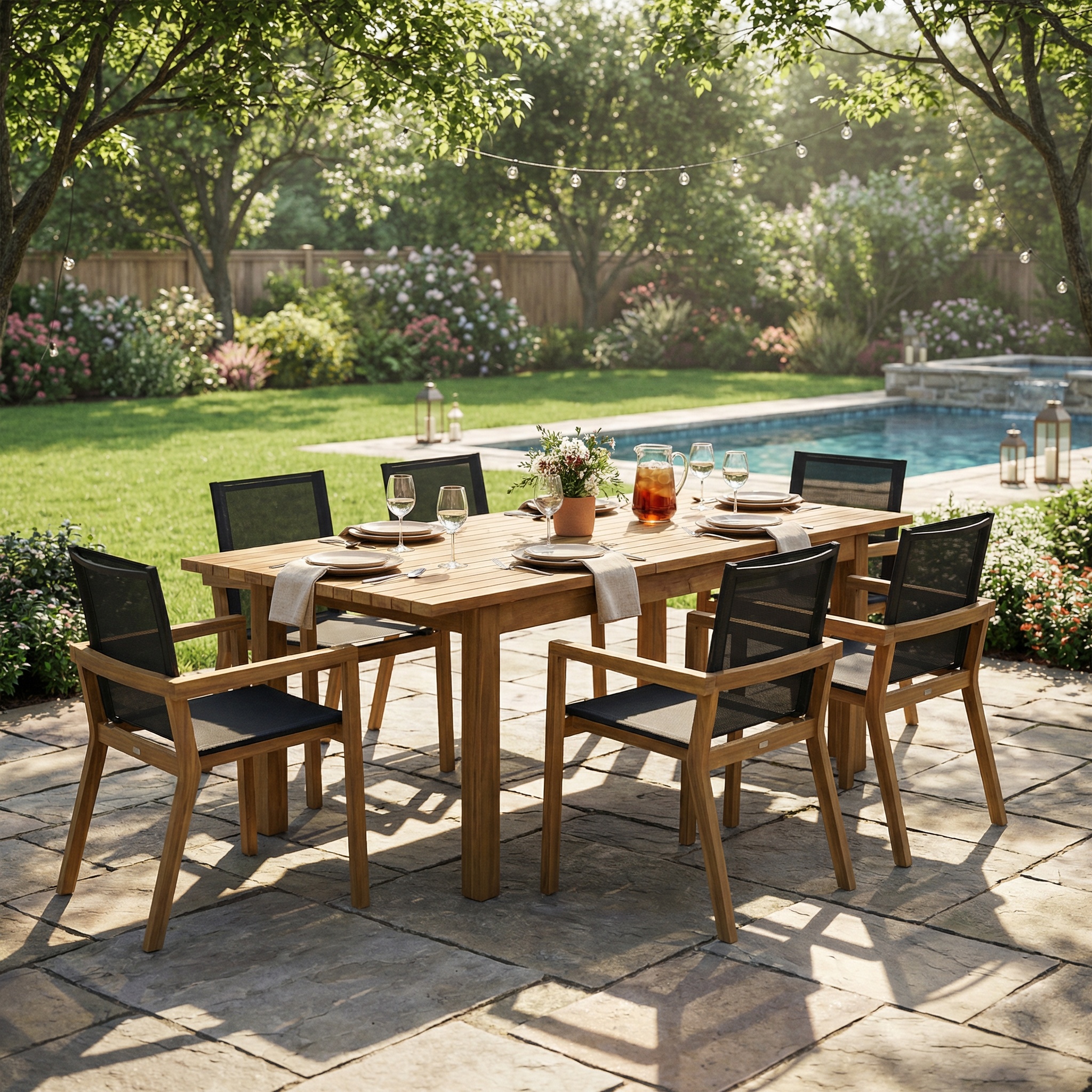 7 Pieces Acacia Wood Outdoor Dining Set s,Modern 6 Chairs 1 Large Table, Dining Furniture Set for Lawn, Backyard, Garden Deck,Poolside,Teak
