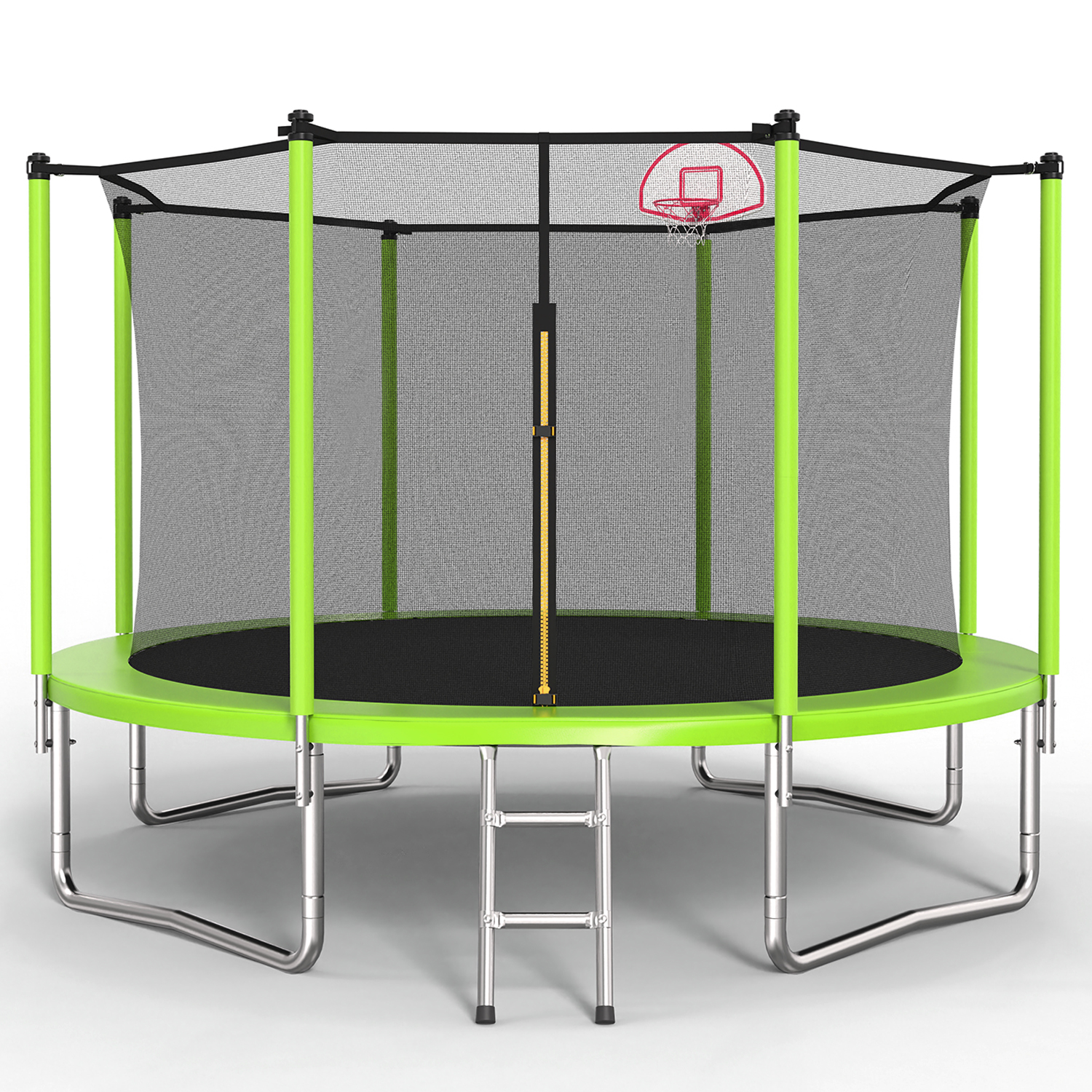 12FT Trampoline Green for Kids & Adults with Basketball Hoop and Ball ,Recreational Trampolines with Safety Enclosure for Back Yard Outdoor