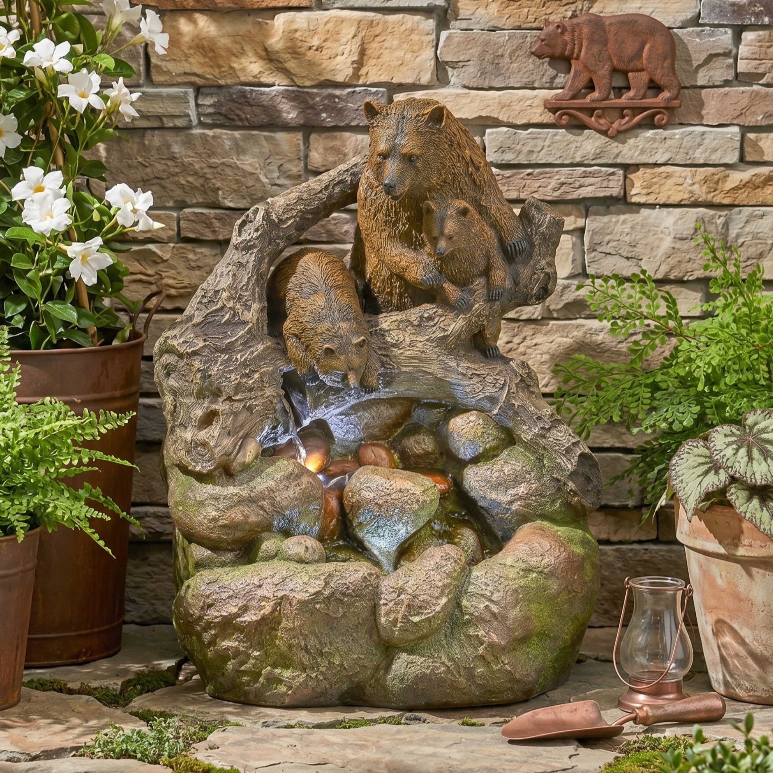 24.75″ High CALLAN FOUNTAIN Weather Resistant Floor Fountain with Light, Light Brown + Moss