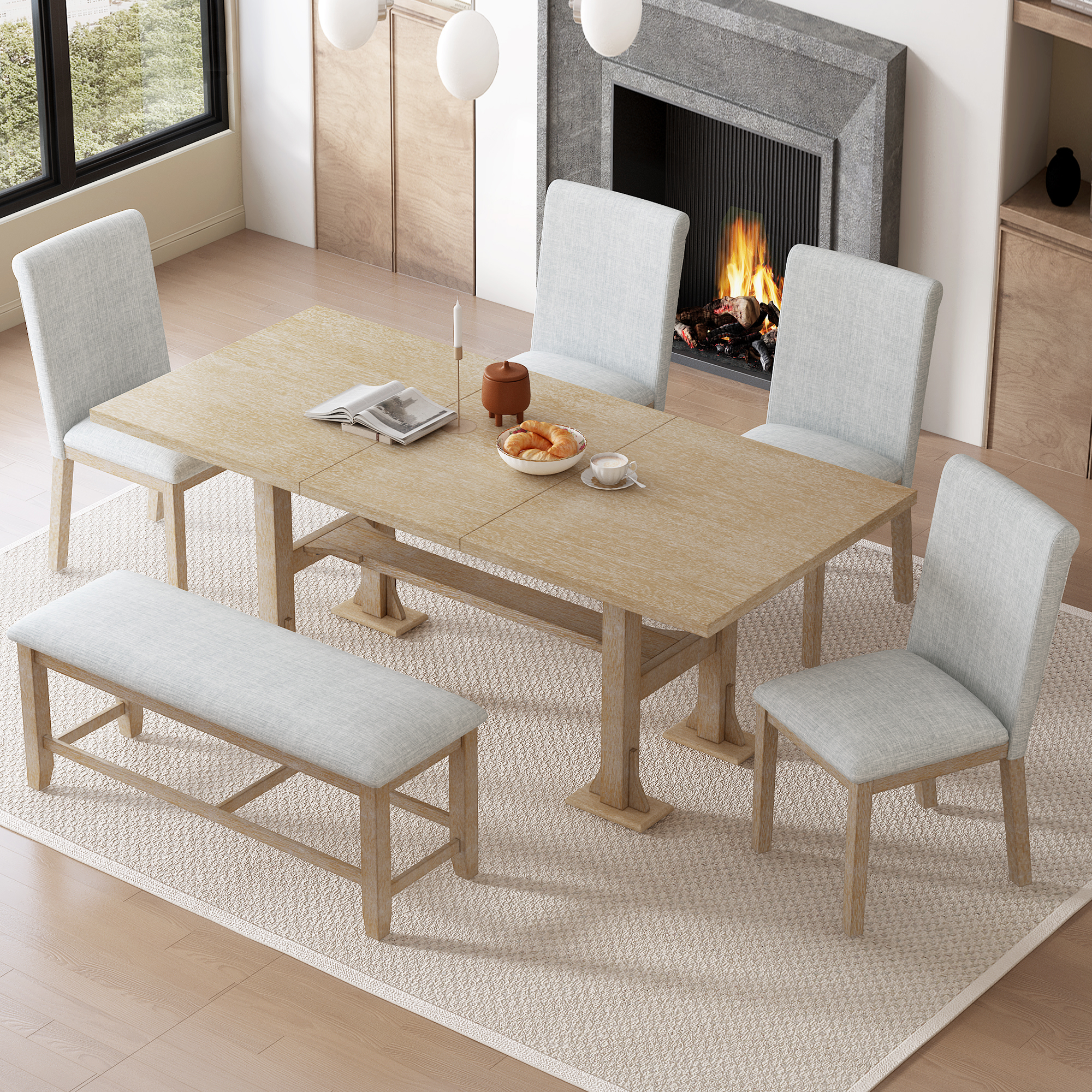 TOPMAX Farmhouse 76inch 6-Piece Extendable Dining Table Set Trestle Kitchen Table Set with 18inch Removable Leaf and Upholstered Dining Chair and Bench for Dining Room, Natural+Light Gray