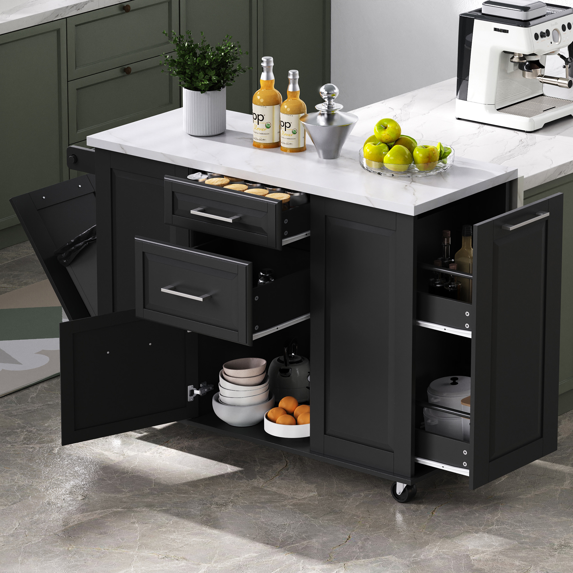 K&K 50.7″ Kitchen Island with Storage Tilt Trash Can Cabinet and Pull Out Cabinet Organizer, Rolling Kitchen Island on 5 Wheels with Drop Leaf, 2 Drawers, 1Door for Kitchen, Dining Room, Black