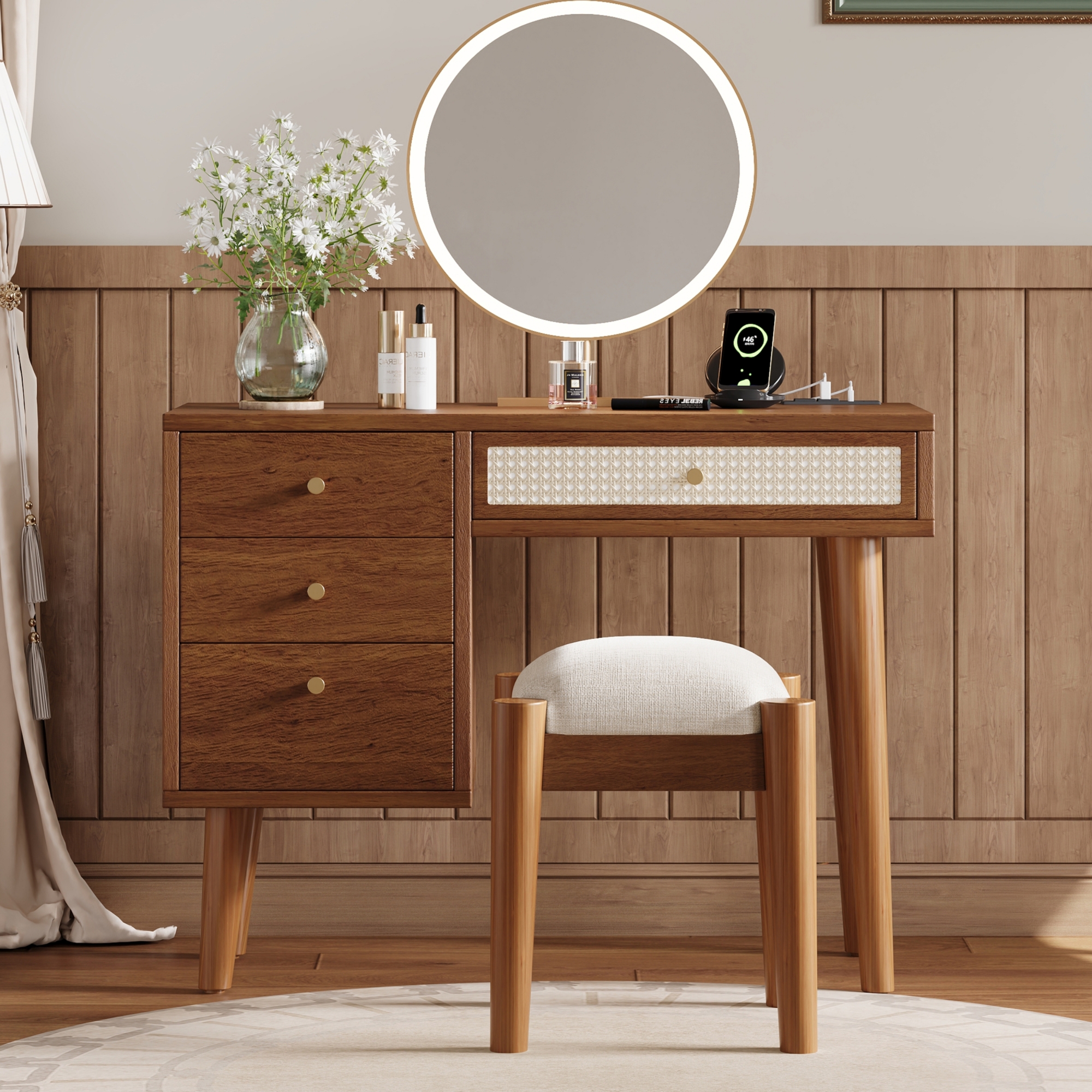 39″ Retro Bohemian Style Wooden Makeup Vanity Set with Charging Plug&USB Port and Stool, Dressing Table with 3 Storage Drawers and 1 Rectangular Rattan Drawer, Walnut