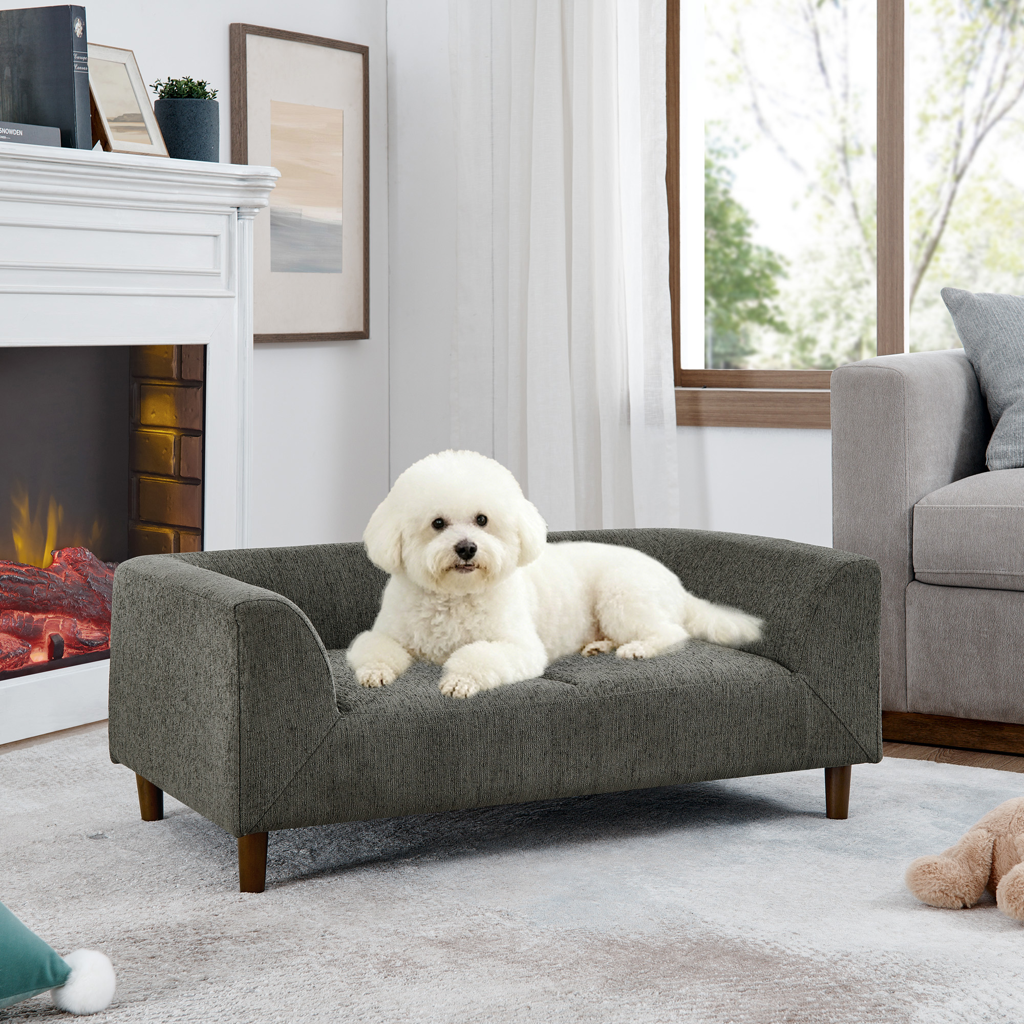 Pet sofa with backrest and armrests, modern rectangular pet sofa suitable for small and medium dogs, soft cushion comfortable dog sofa,–Dark grey