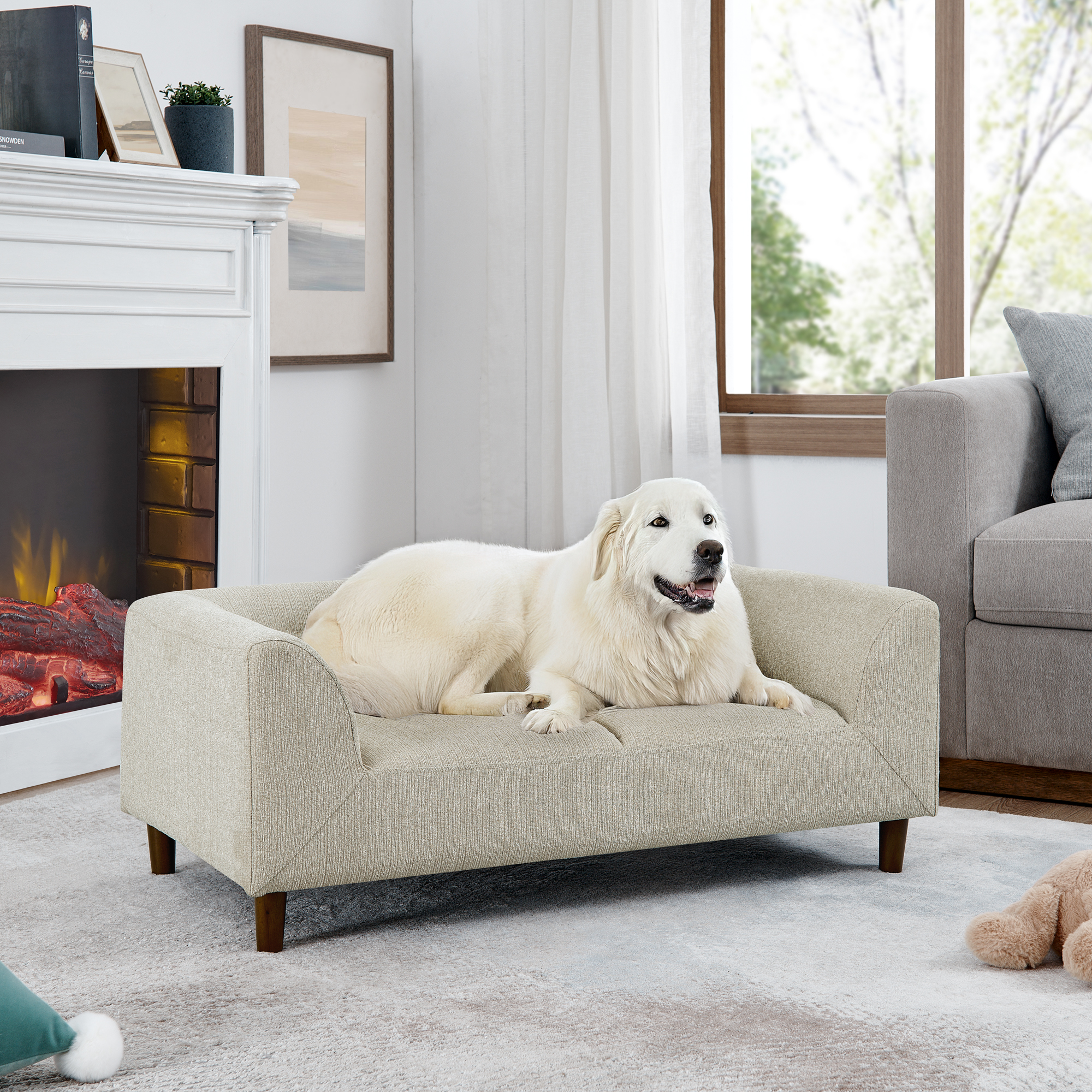 Pet sofa with backrest and armrests, modern rectangular pet sofa suitable for small and medium dogs, soft cushion comfortable dog sofa,–BEIGE