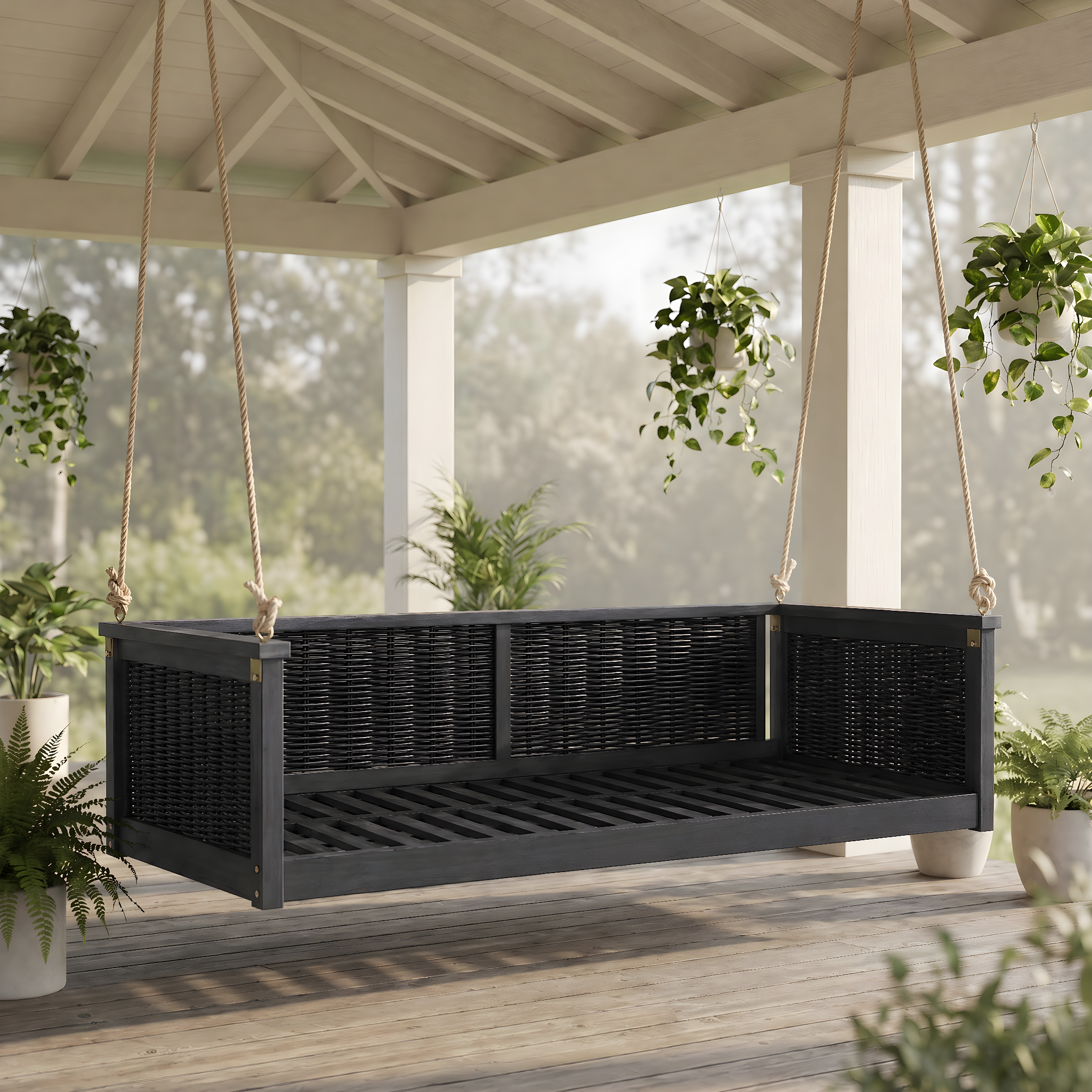 TOPMAX Outdoor Classic Solid Wood Twin Size Swing Bed,Garden Porch Rattan Swing Frame with Long Ropes for Poolside, Backyard, BLACK