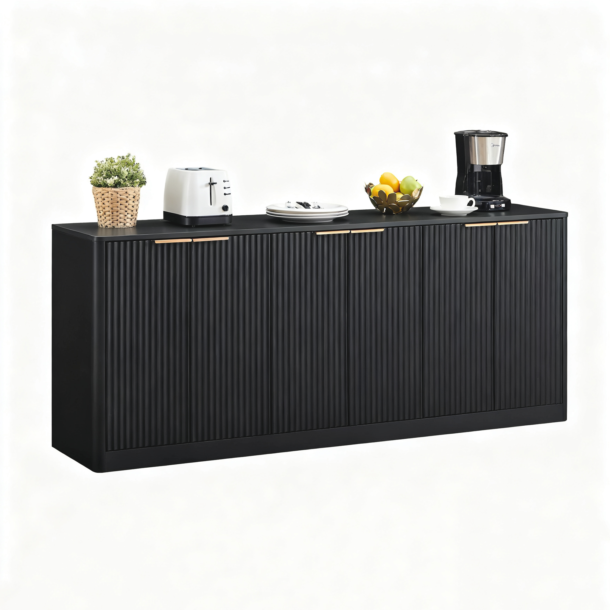 67-inch modern wavy sideboard, curved contour design storage cabinet, 6-door cabinet with storage function, suitable for kitchen / bedroom / living room, Black, 67.0″L x 15.7″W x 27.7″H