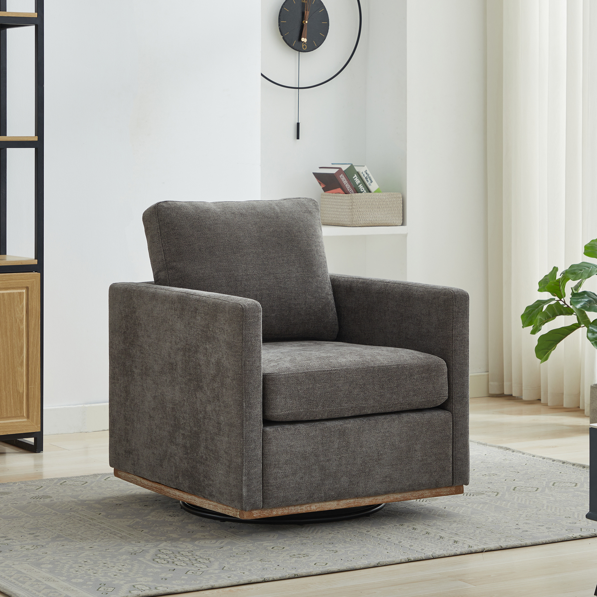 30.7″W Square Upholstered 360° Swivel Accent Chair and Comfy Single Sofa Chair with a Weathered Finished Wooden Base, Club Lounge Reading Armchair for Living Room Bedroom Apartment Nursery. Charcoal