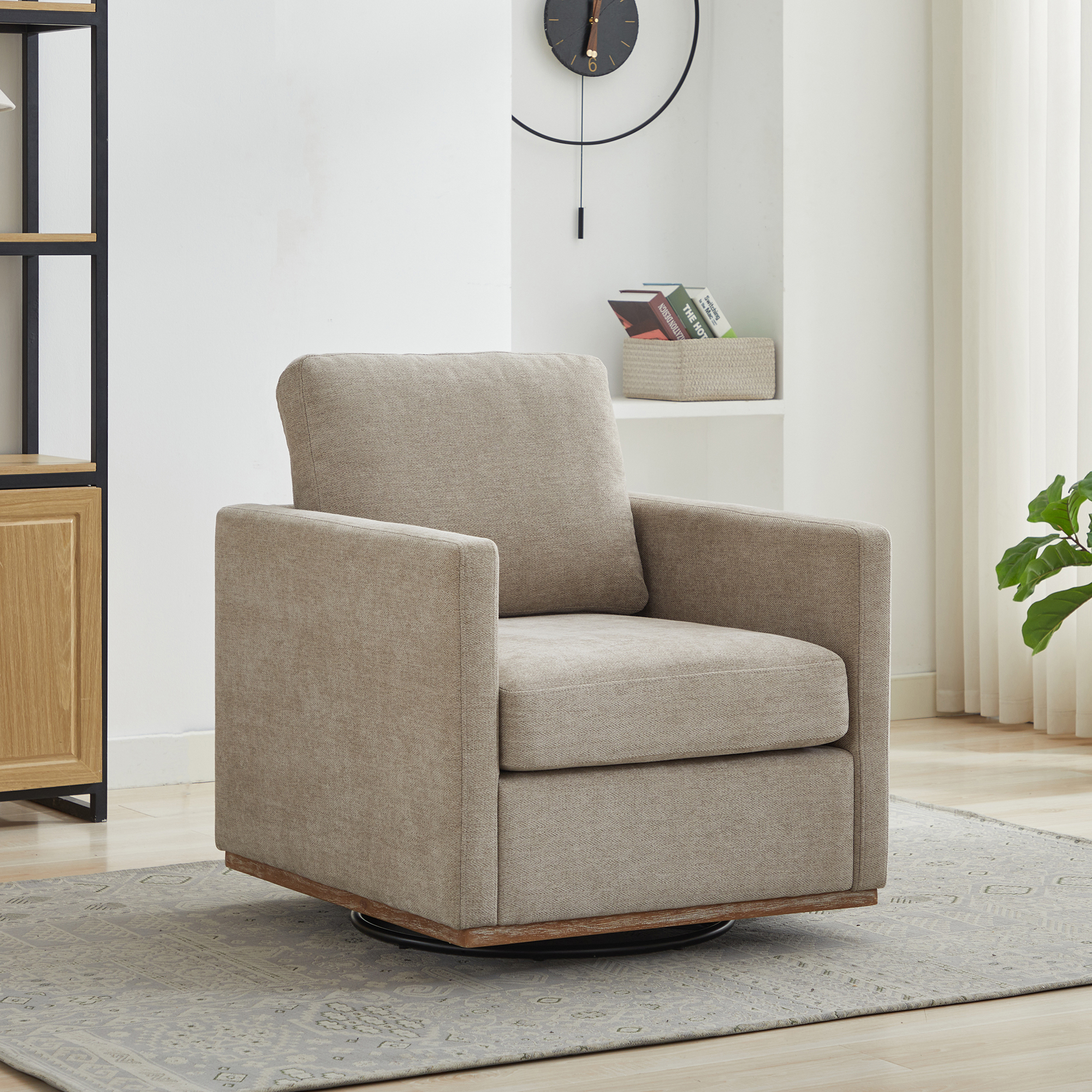 30.7″W Square Upholstered 360° Swivel Accent Chair and Comfy Single Sofa Chair with a Weathered Finished Wooden Base, Club Lounge Reading Armchair for Living Room Bedroom Apartment Nursery. Taupe